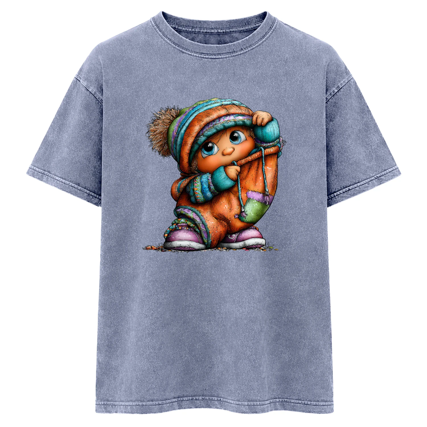 Cute Winter Girl T-Shirt Design, Adorable Snow Day Character in Colorful Hat and Scarf, Cozy Chri