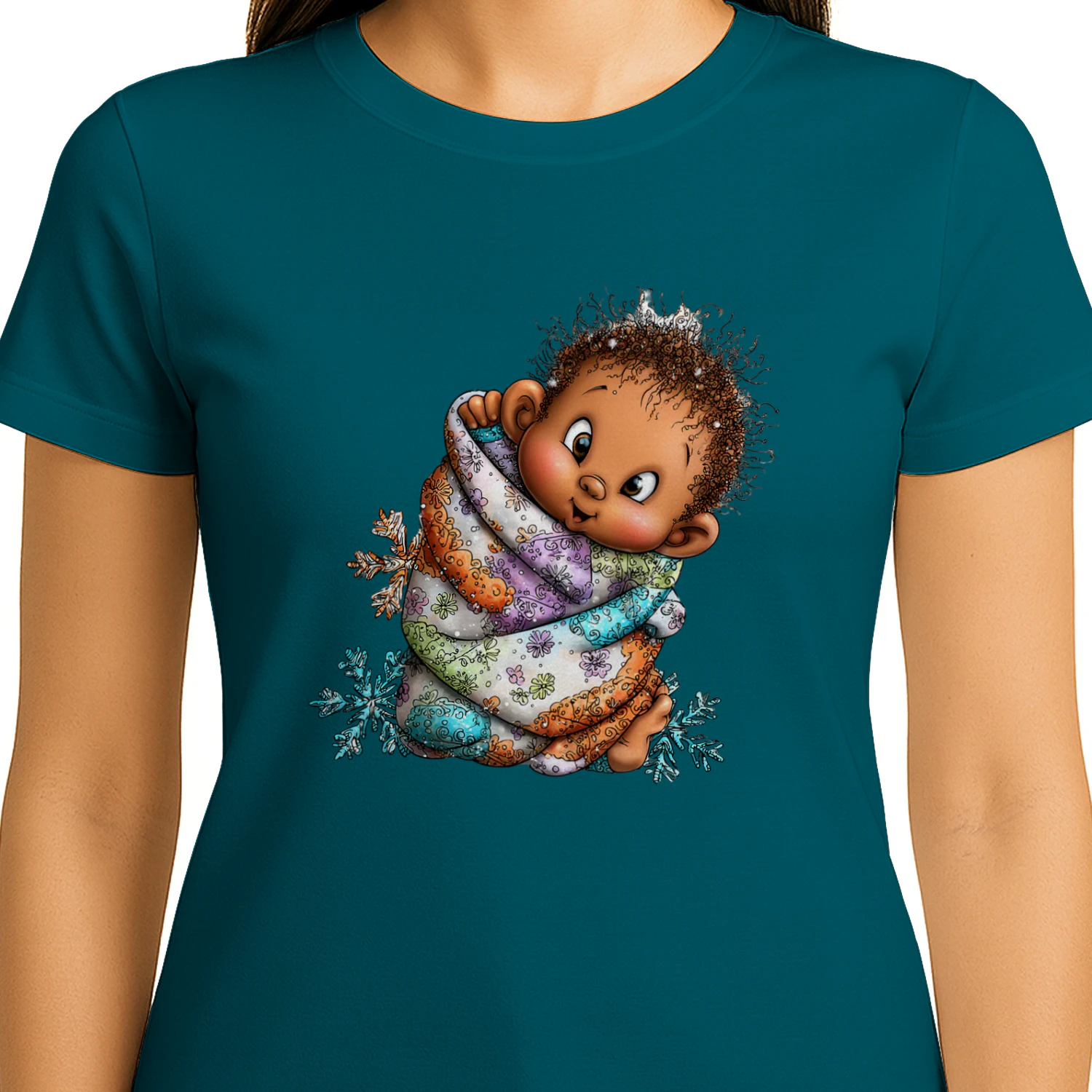 Cute Winter Baby Wrapped in Floral Blanket Snowflake T-Shirt