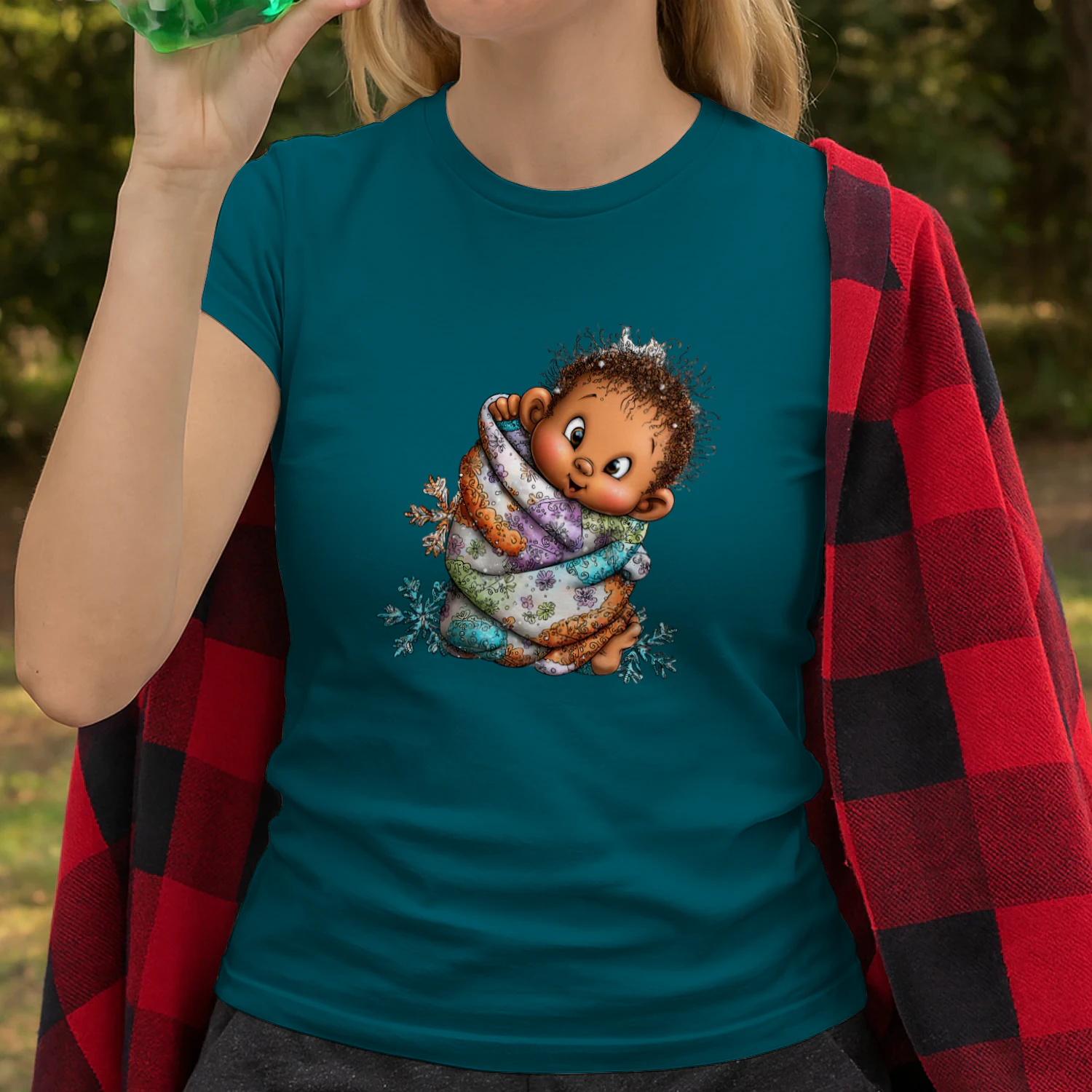 Cute Winter Baby Wrapped in Floral Blanket Snowflake T-Shirt