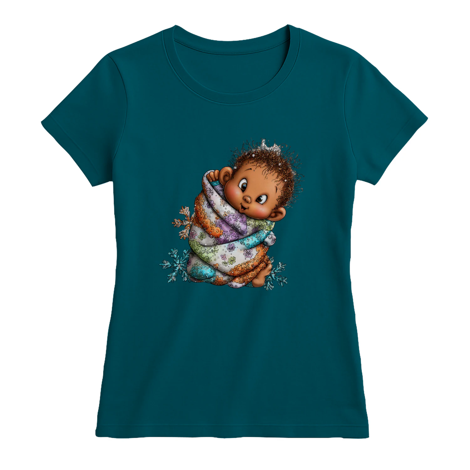Cute Winter Baby Wrapped in Floral Blanket Snowflake T-Shirt