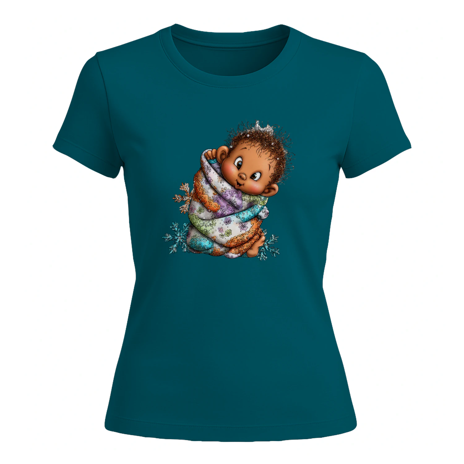 Cute Winter Baby Wrapped in Floral Blanket Snowflake T-Shirt