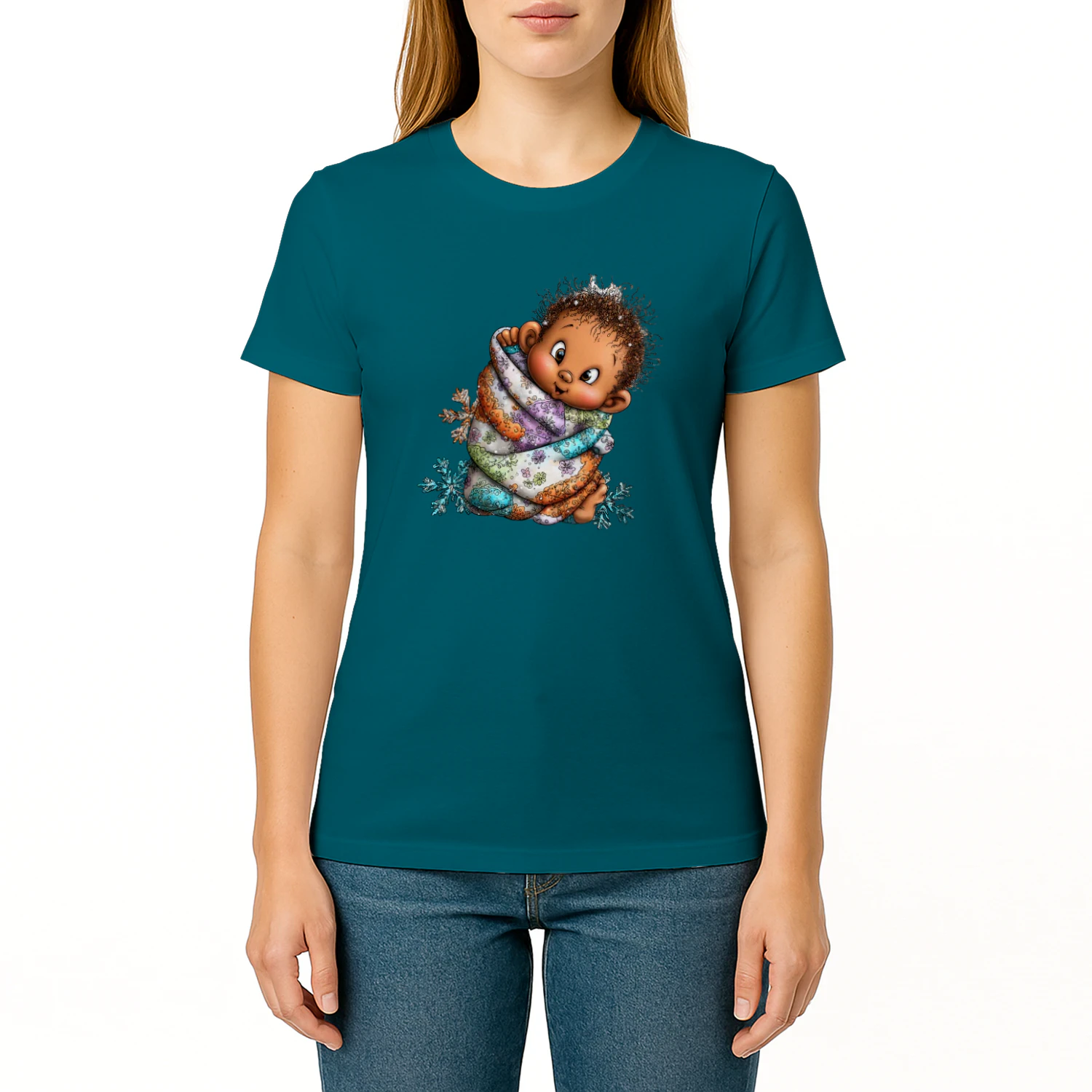Cute Winter Baby Wrapped in Floral Blanket Snowflake T-Shirt
