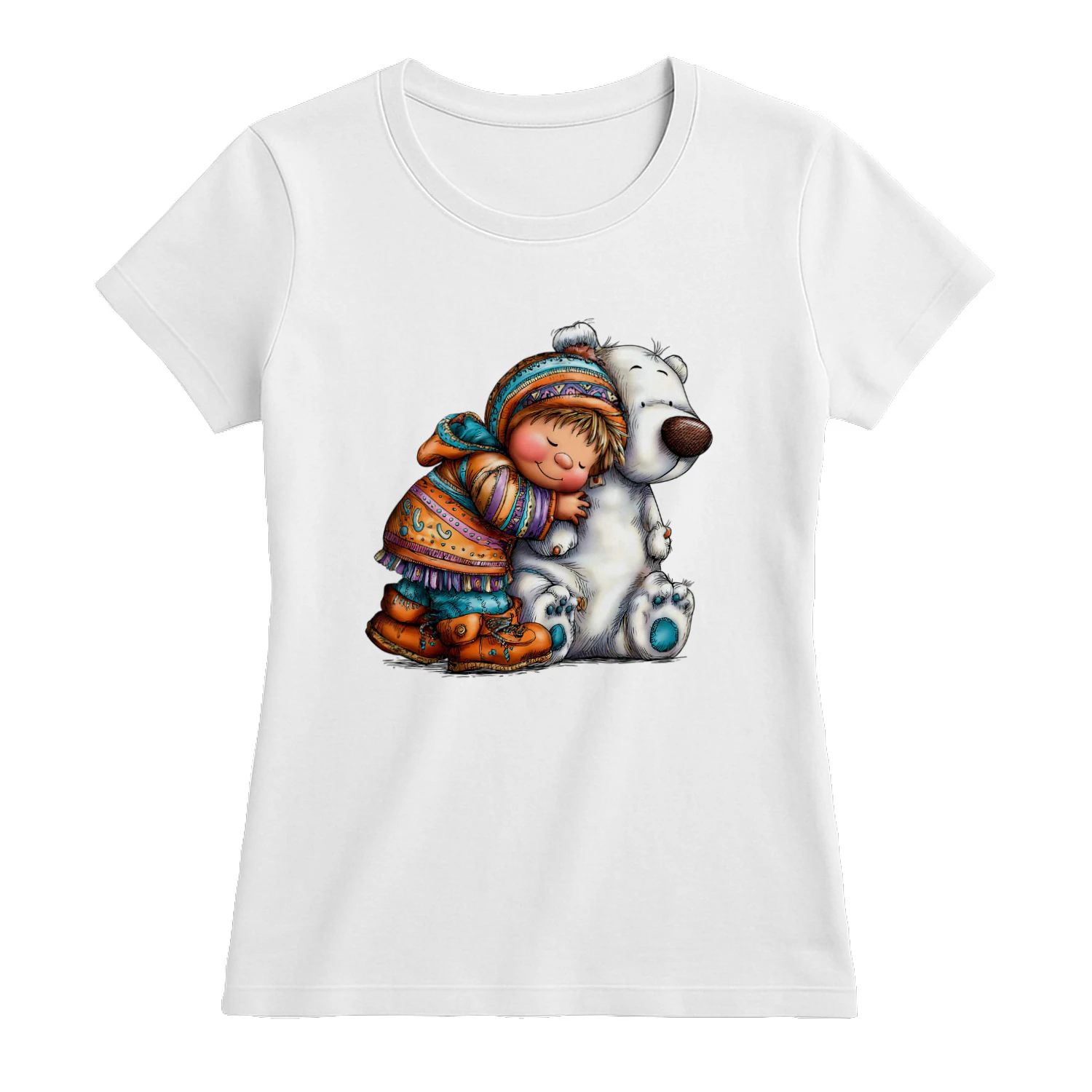 Cute Boy Hugging Polar Bear T-Shirt, Adorable Winter Friendship Design, Cozy Arctic Animal Christ