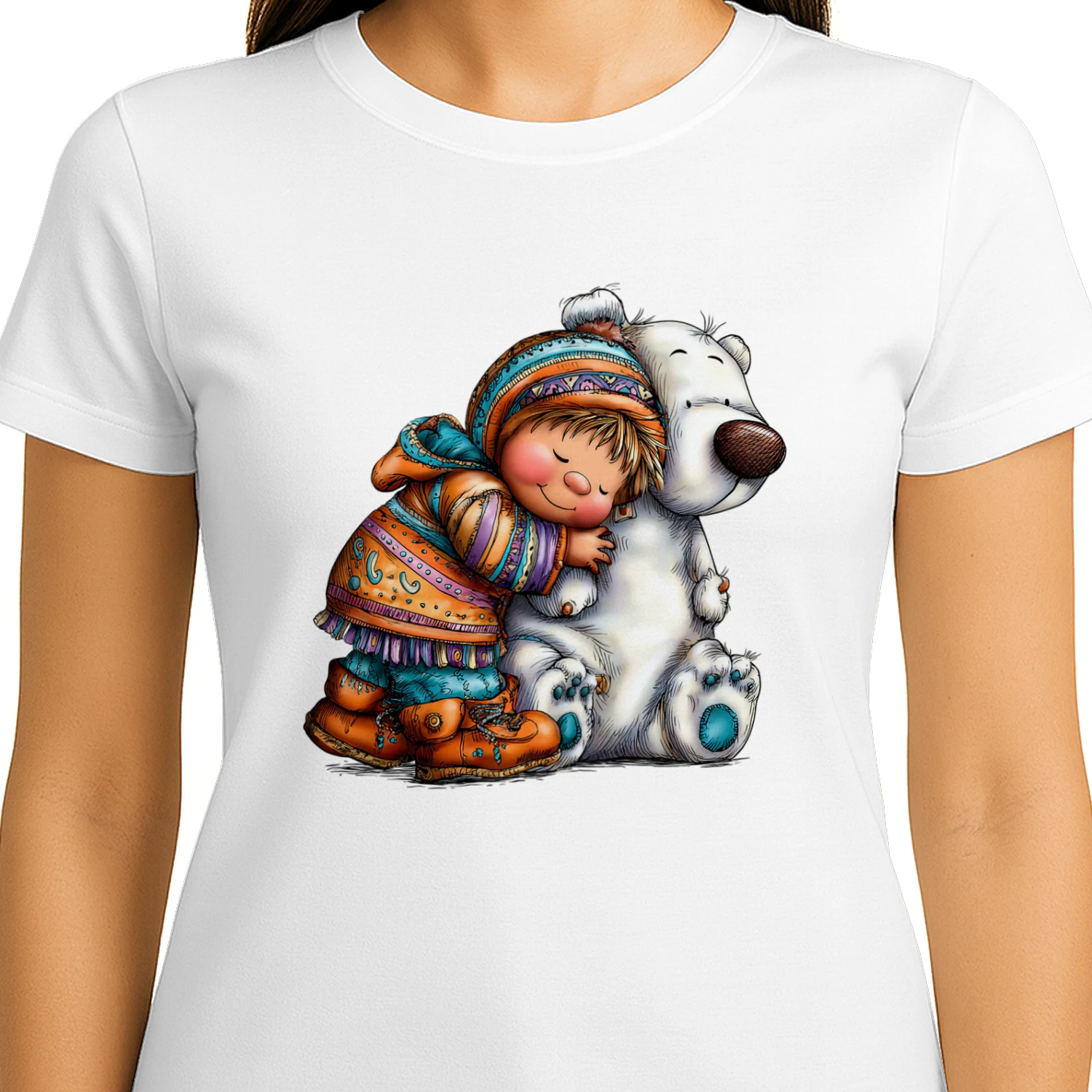 Cute Boy Hugging Polar Bear T-Shirt, Adorable Winter Friendship Design, Cozy Arctic Animal Christ