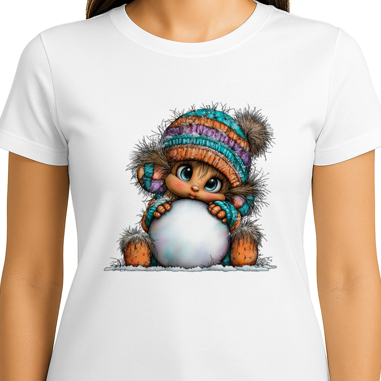 Cute Winter Girl Hugging Snowball T-Shirt