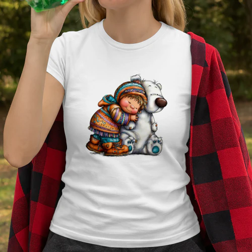 Cute Boy Hugging Polar Bear T-Shirt, Adorable Winter Friendship Design, Cozy Arctic Animal Christ