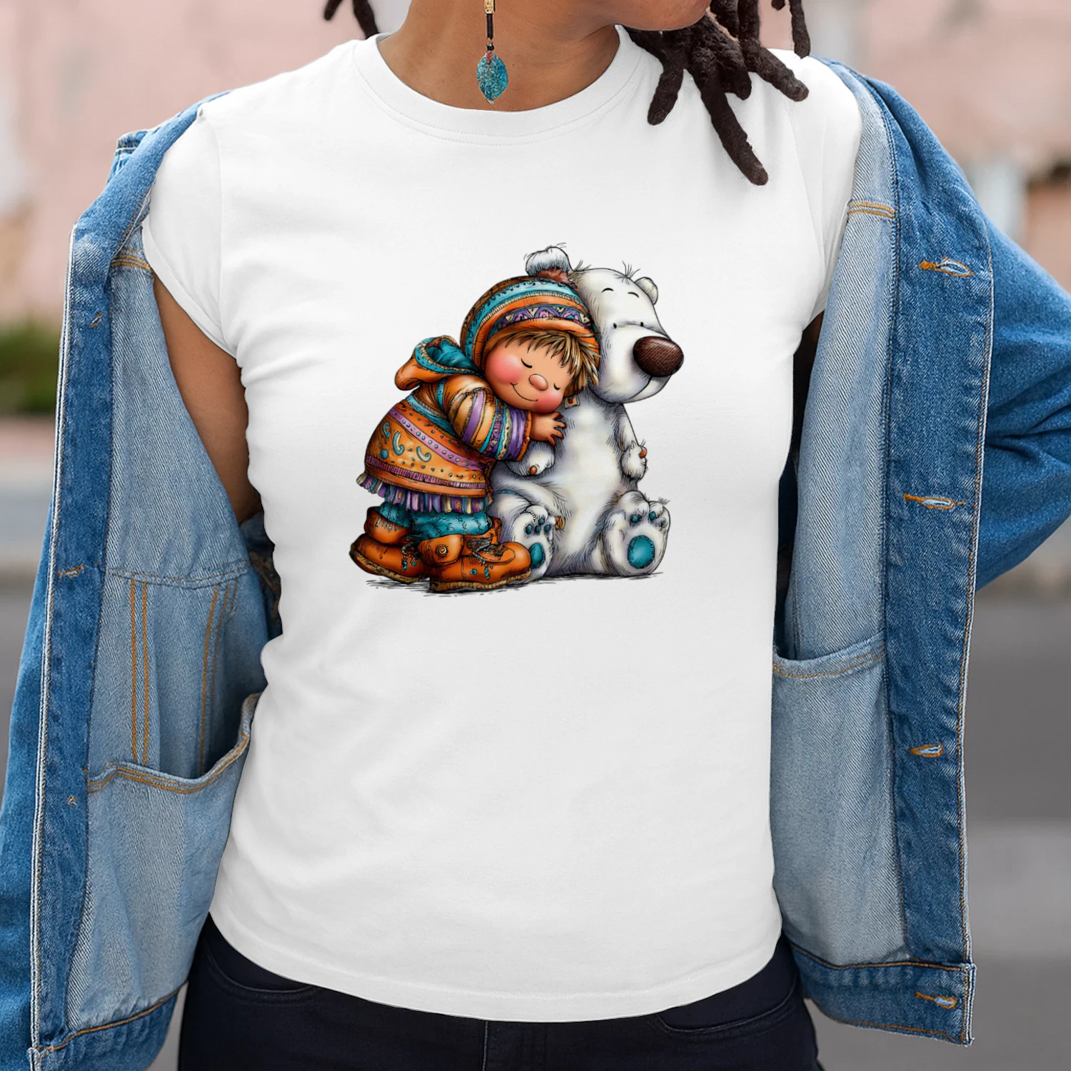 Cute Boy Hugging Polar Bear T-Shirt, Adorable Winter Friendship Design, Cozy Arctic Animal Christ
