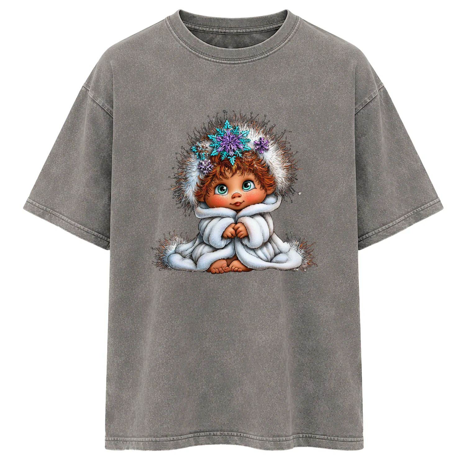 Cute Winter Baby in White Furry Coat with Snowflake Hair T-Shirt