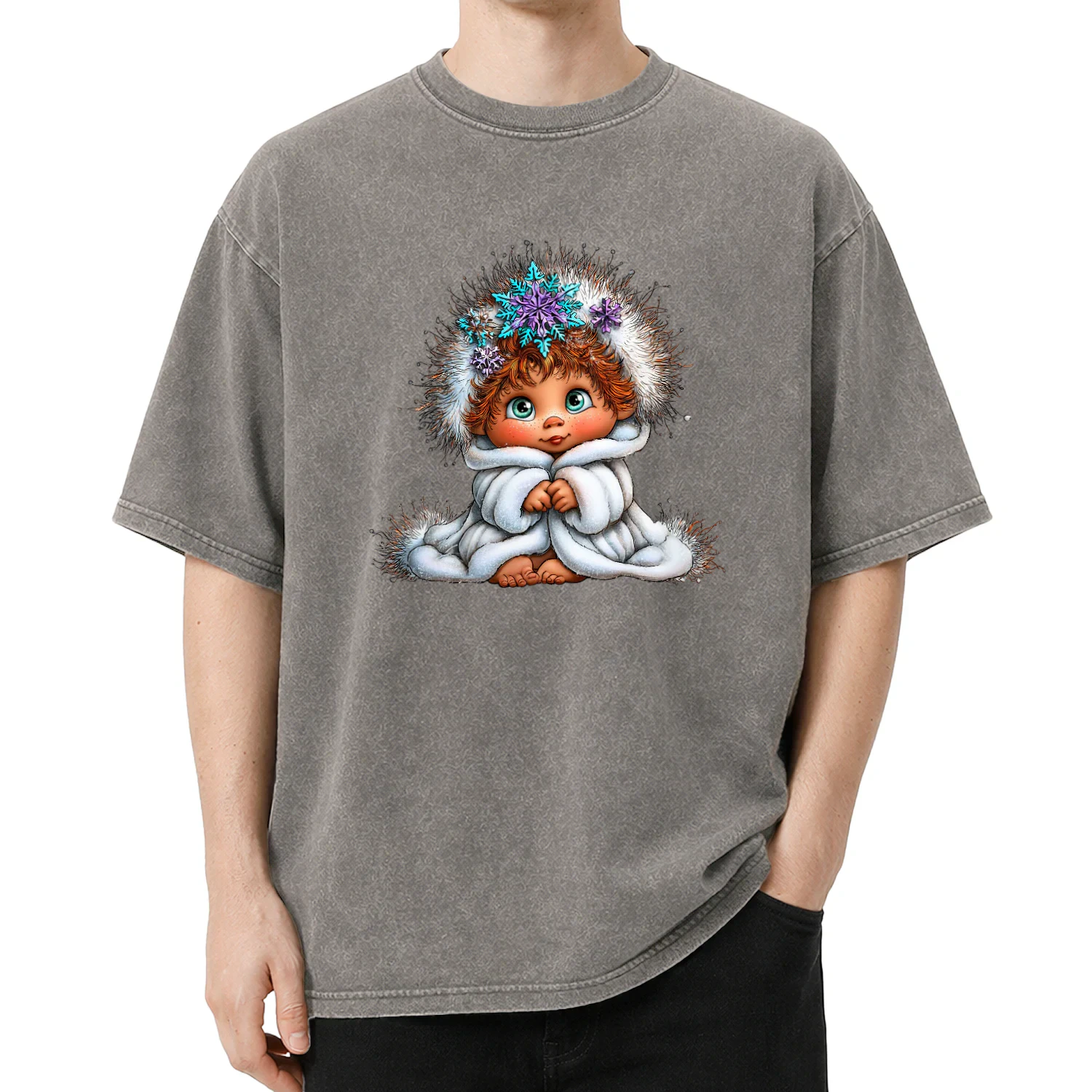 Cute Winter Baby in White Furry Coat with Snowflake Hair T-Shirt