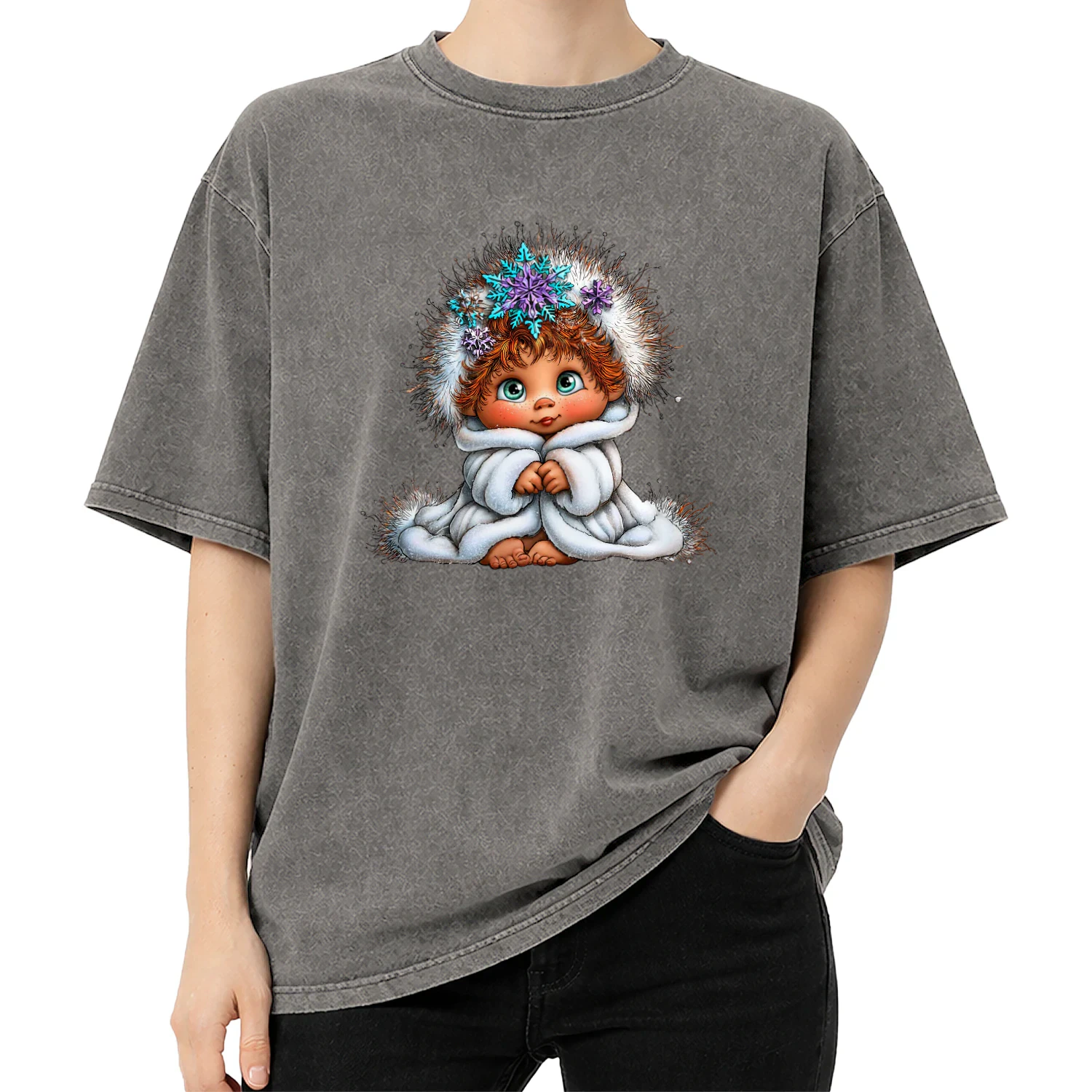Cute Winter Baby in White Furry Coat with Snowflake Hair T-Shirt