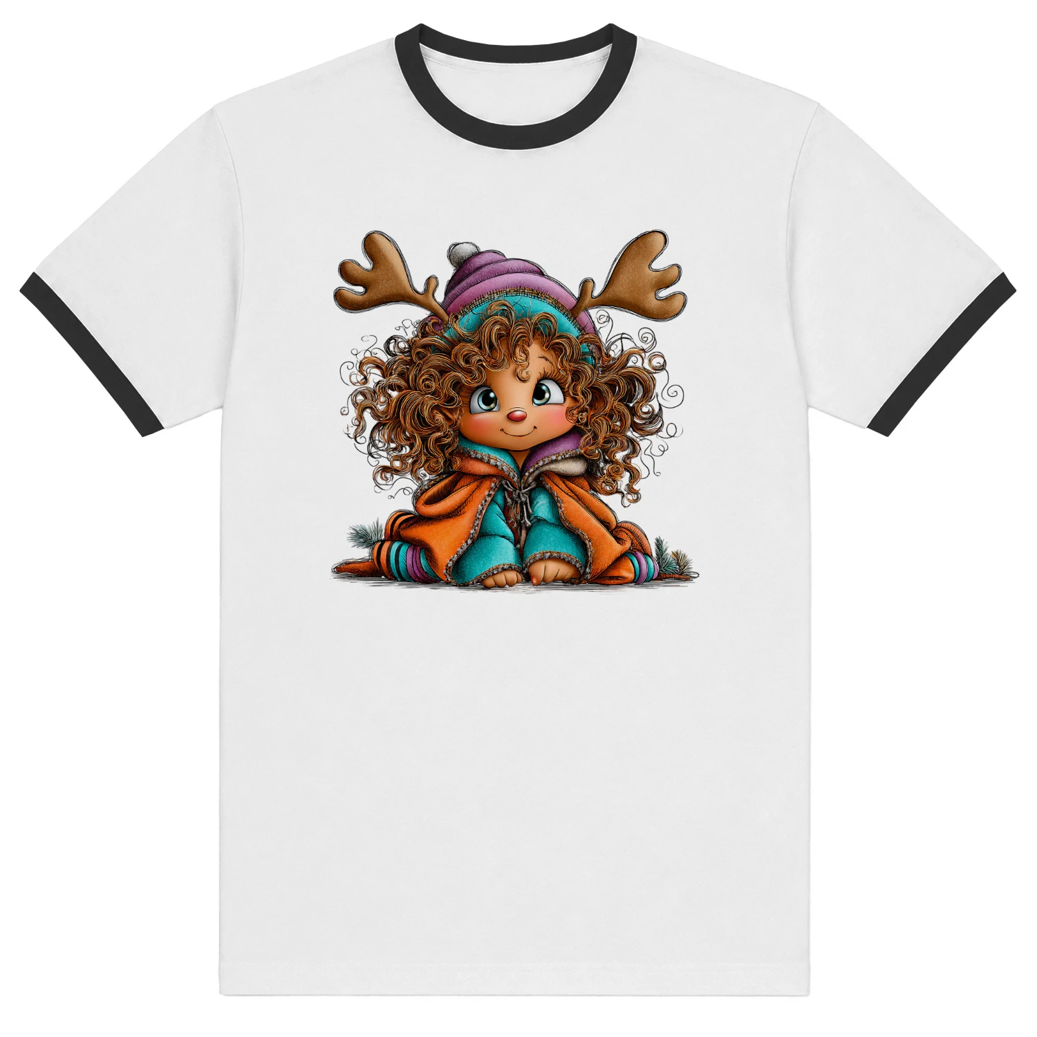 Cute Curly-Haired Reindeer Girl Christmas T-Shirt, Whimsical Winter Holiday Character Design, Coz