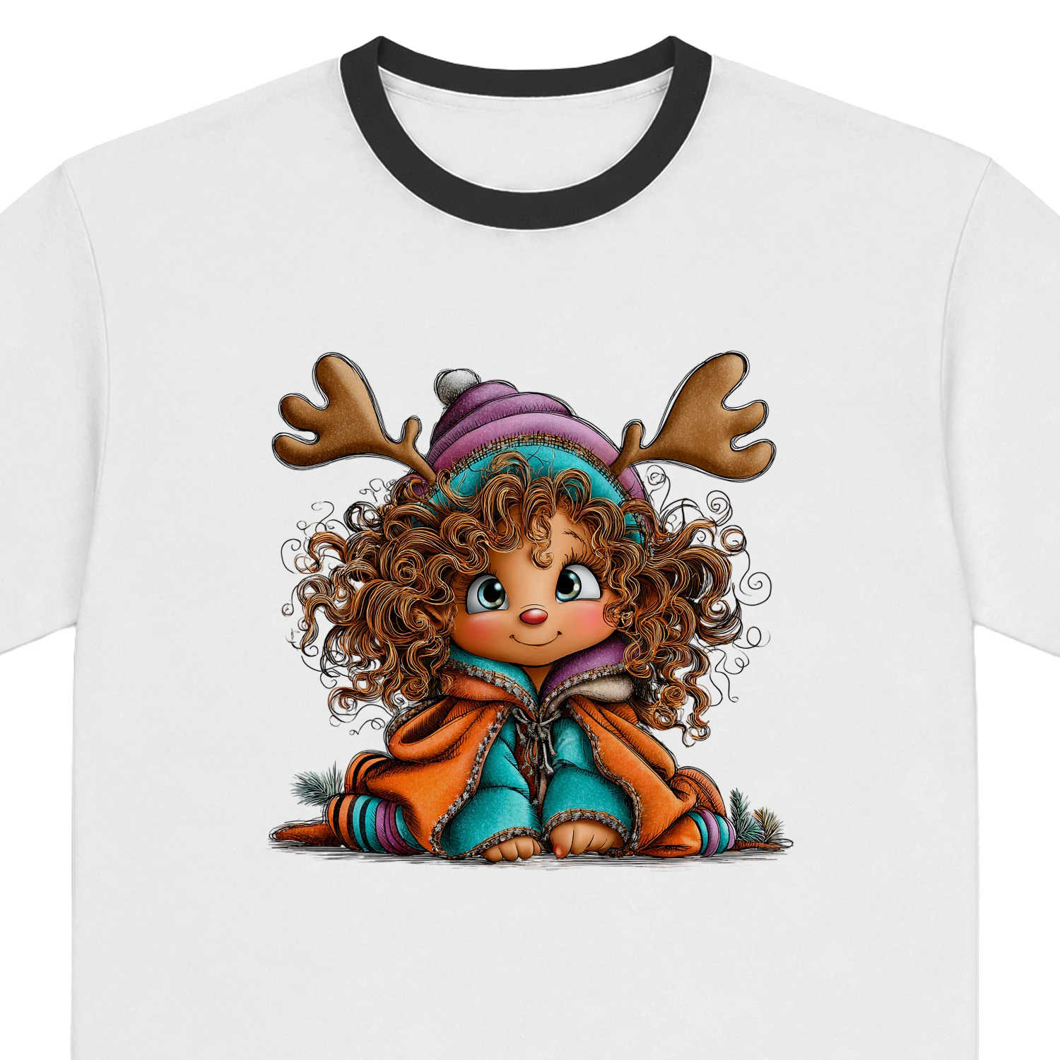 Cute Curly-Haired Reindeer Girl Christmas T-Shirt, Whimsical Winter Holiday Character Design, Coz