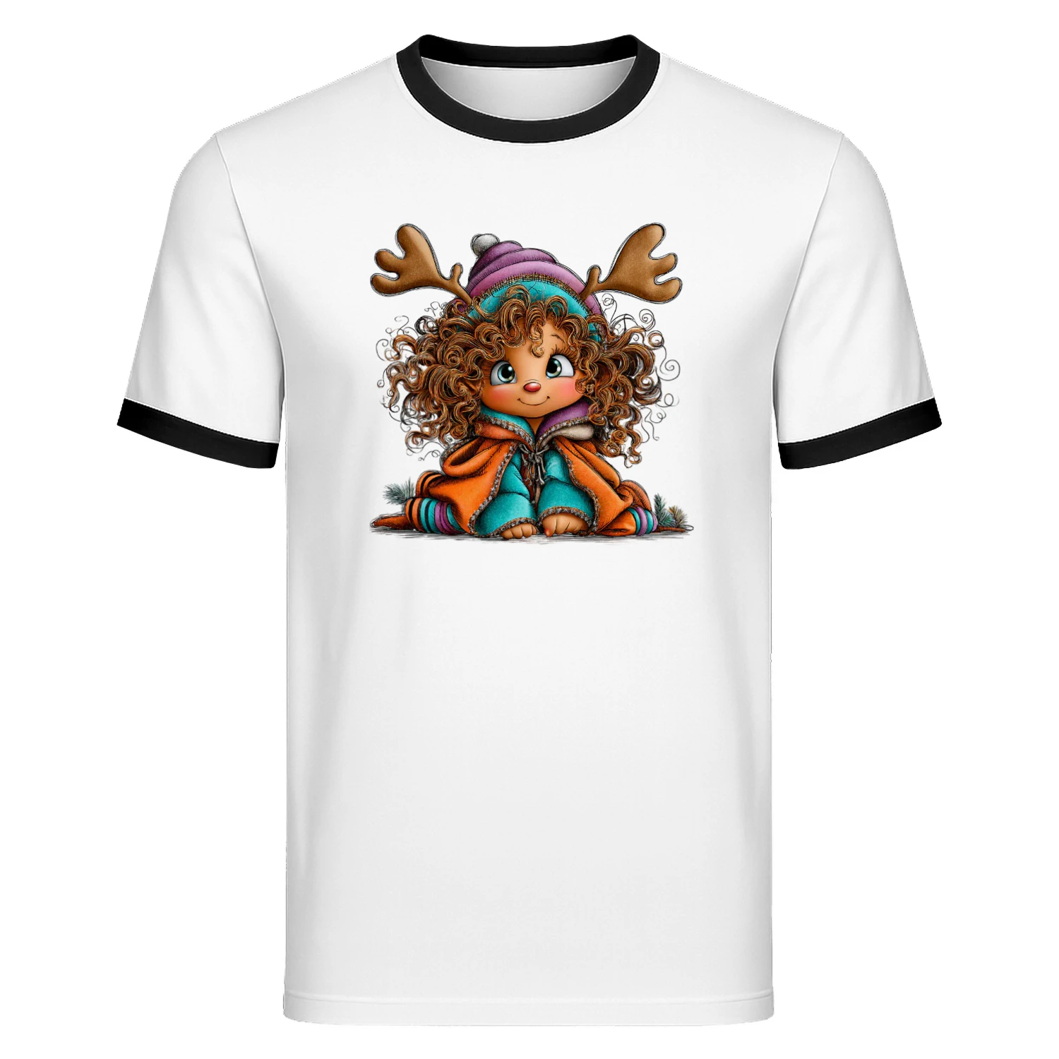 Cute Curly-Haired Reindeer Girl Christmas T-Shirt, Whimsical Winter Holiday Character Design, Coz