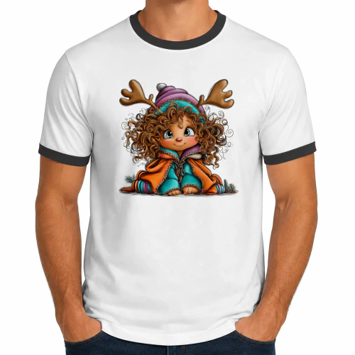 Cute Curly-Haired Reindeer Girl Christmas T-Shirt, Whimsical Winter Holiday Character Design, Coz