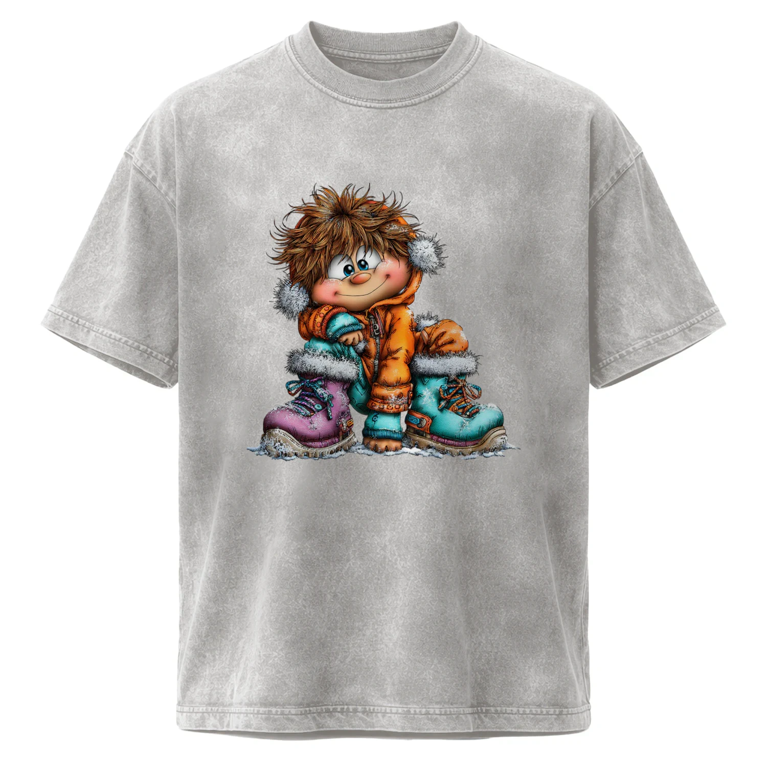 Cute Winter Boy in Orange Coat and Colorful Snow Boots T-Shirt
