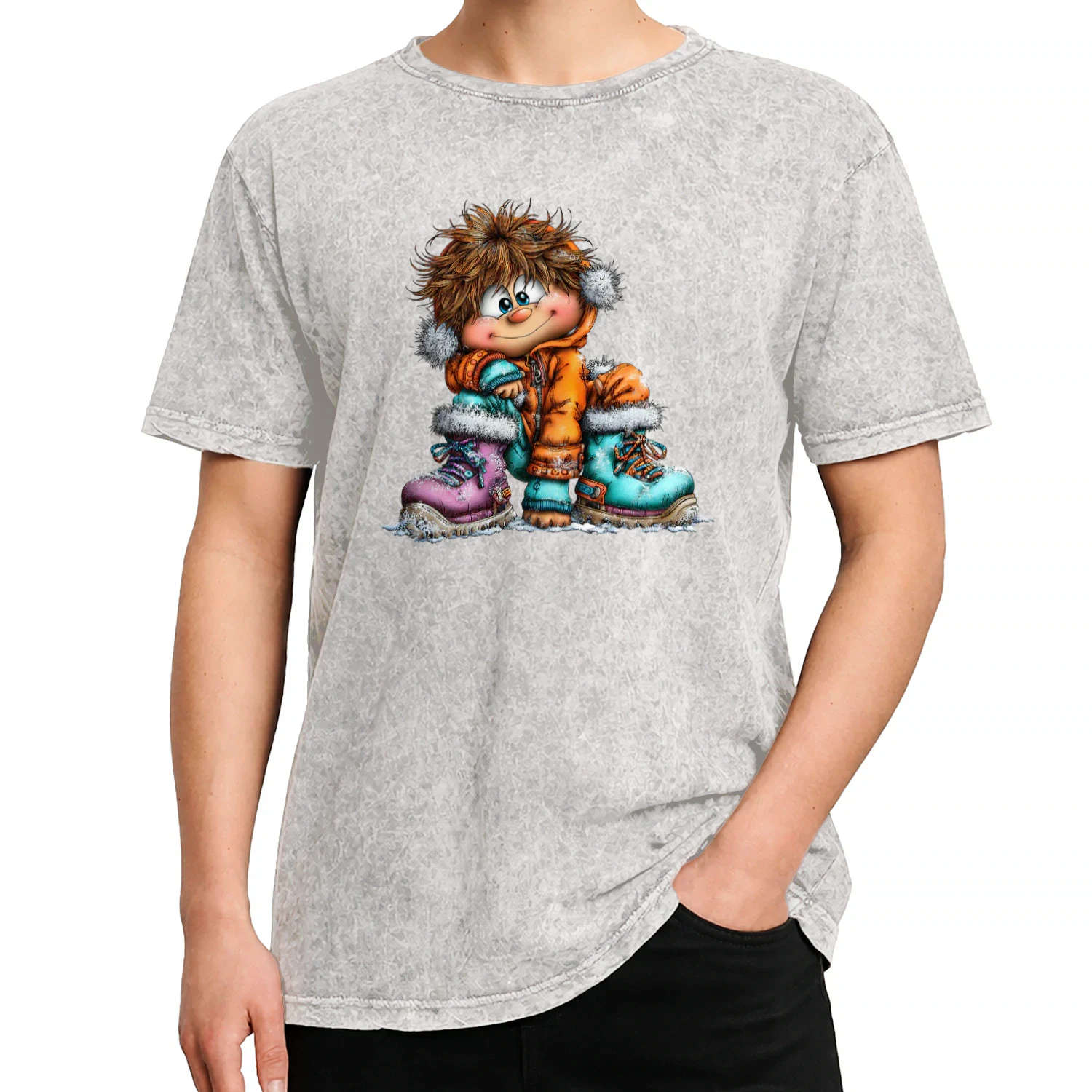 Cute Winter Boy in Orange Coat and Colorful Snow Boots T-Shirt