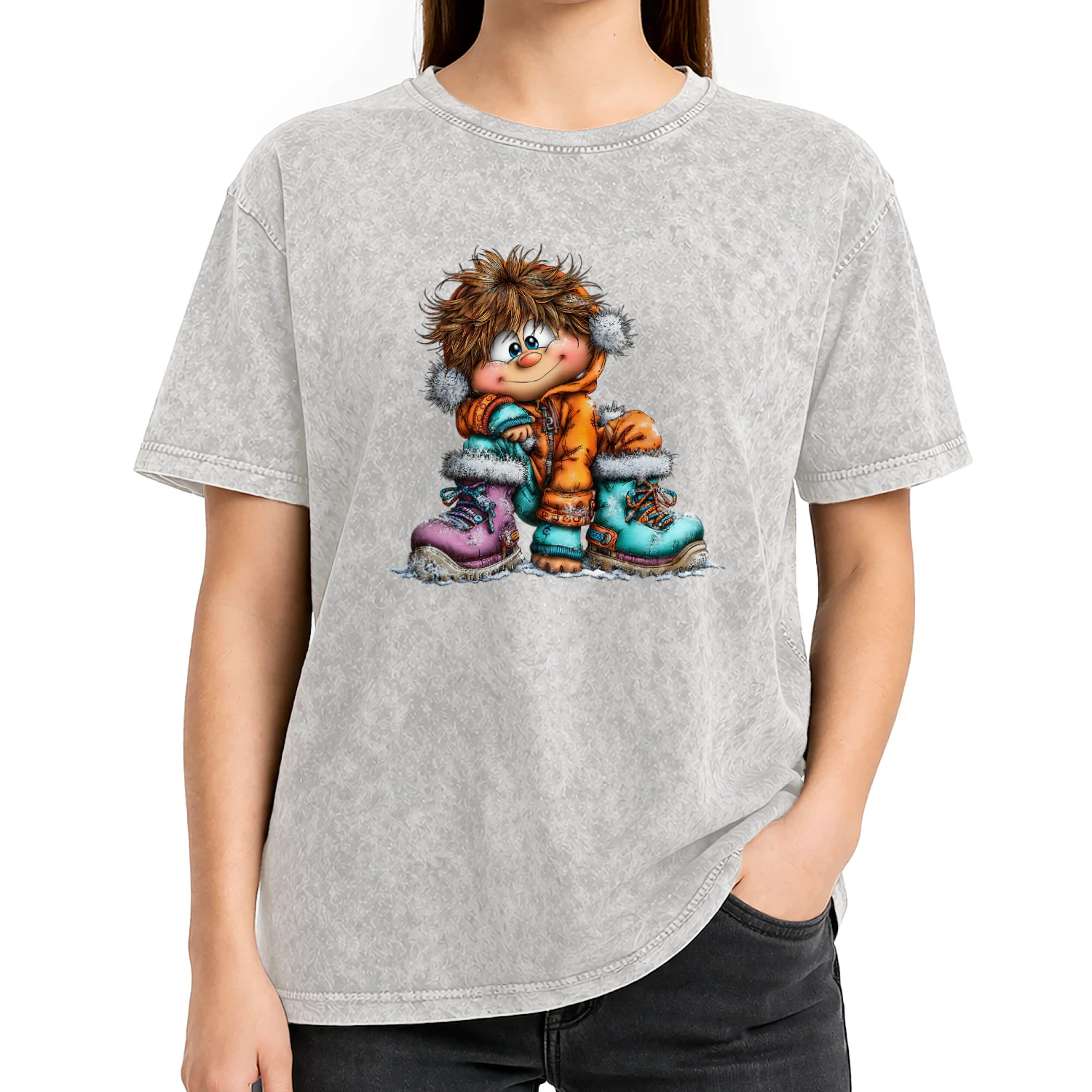 Cute Winter Boy in Orange Coat and Colorful Snow Boots T-Shirt