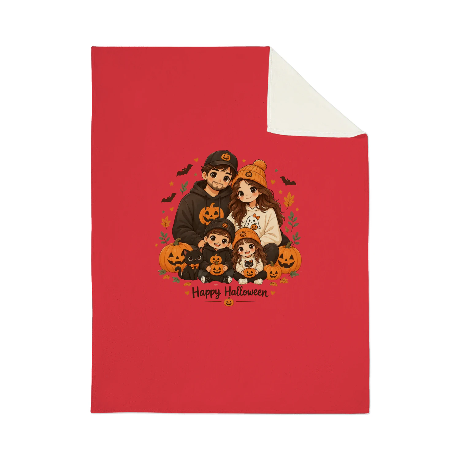 Happy Halloween Family Coral Fleece Blanket – Cartoon Family & Pumpkins