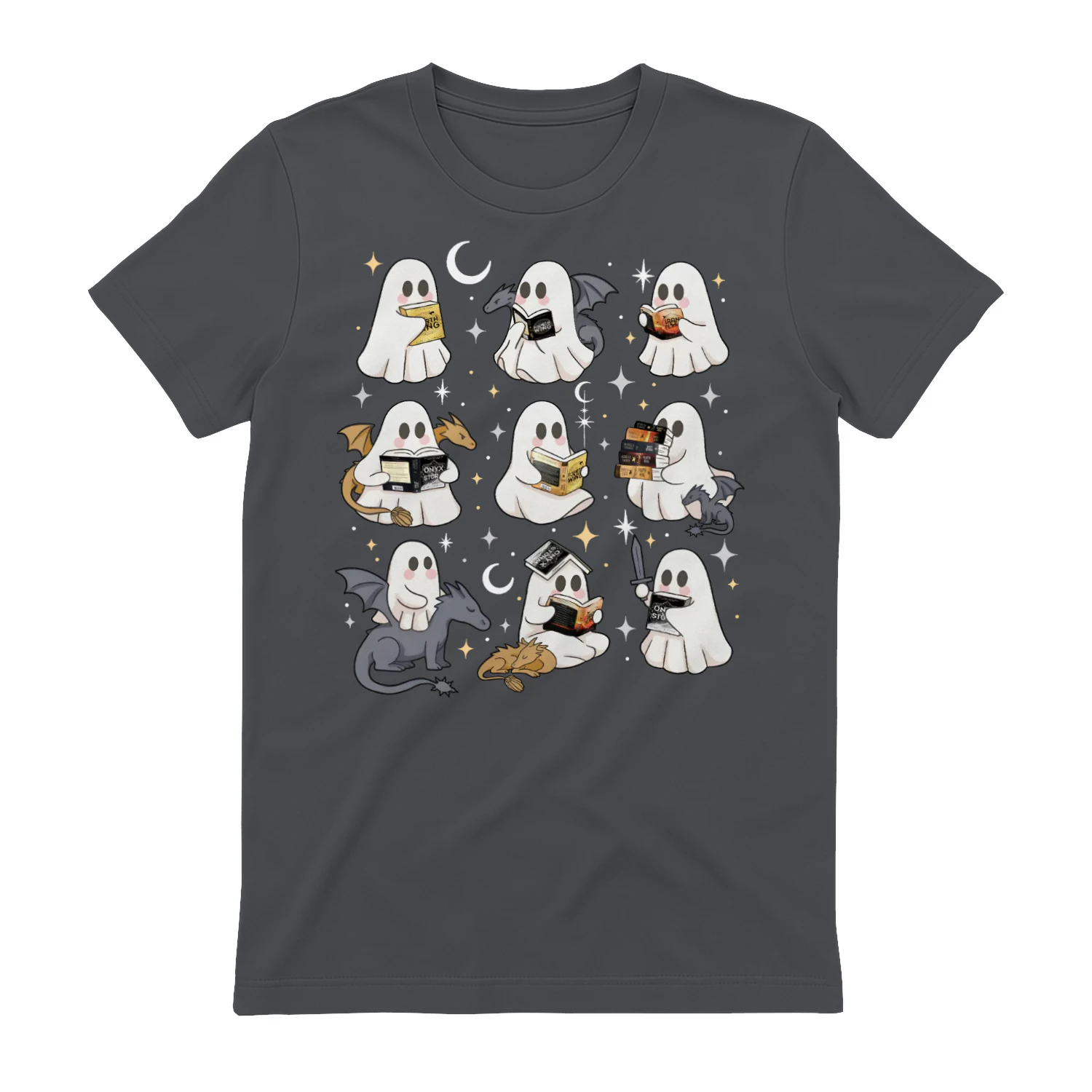 Cute Ghost Reading Heavy Cotton Dark Colors T-shirt 1 Side, Fourth Wing Series Gildan Tee, Romantasy Shirt, Book Lover Gifts