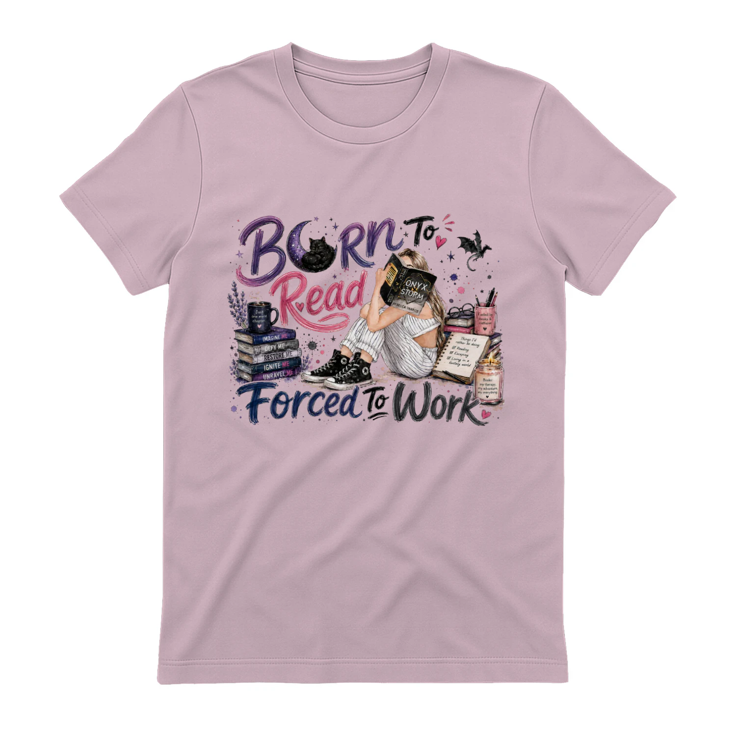 Born To Read Forced To Work Heavy Cotton Light Colors T-shirt 1 Side, Onyx Storm Gildan Tee, Romantasy Shirt, Book Lover Gifts