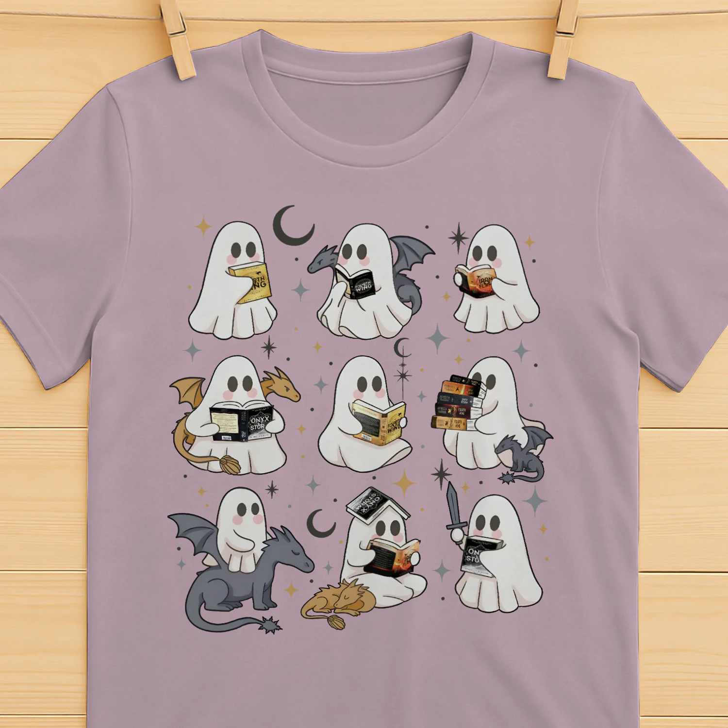 Cute Ghost Reading Heavy Cotton Light Colors T-shirt 1 Side, Fourth Wing Series Gildan Tee, Romantasy Shirt, Book Lover Gifts