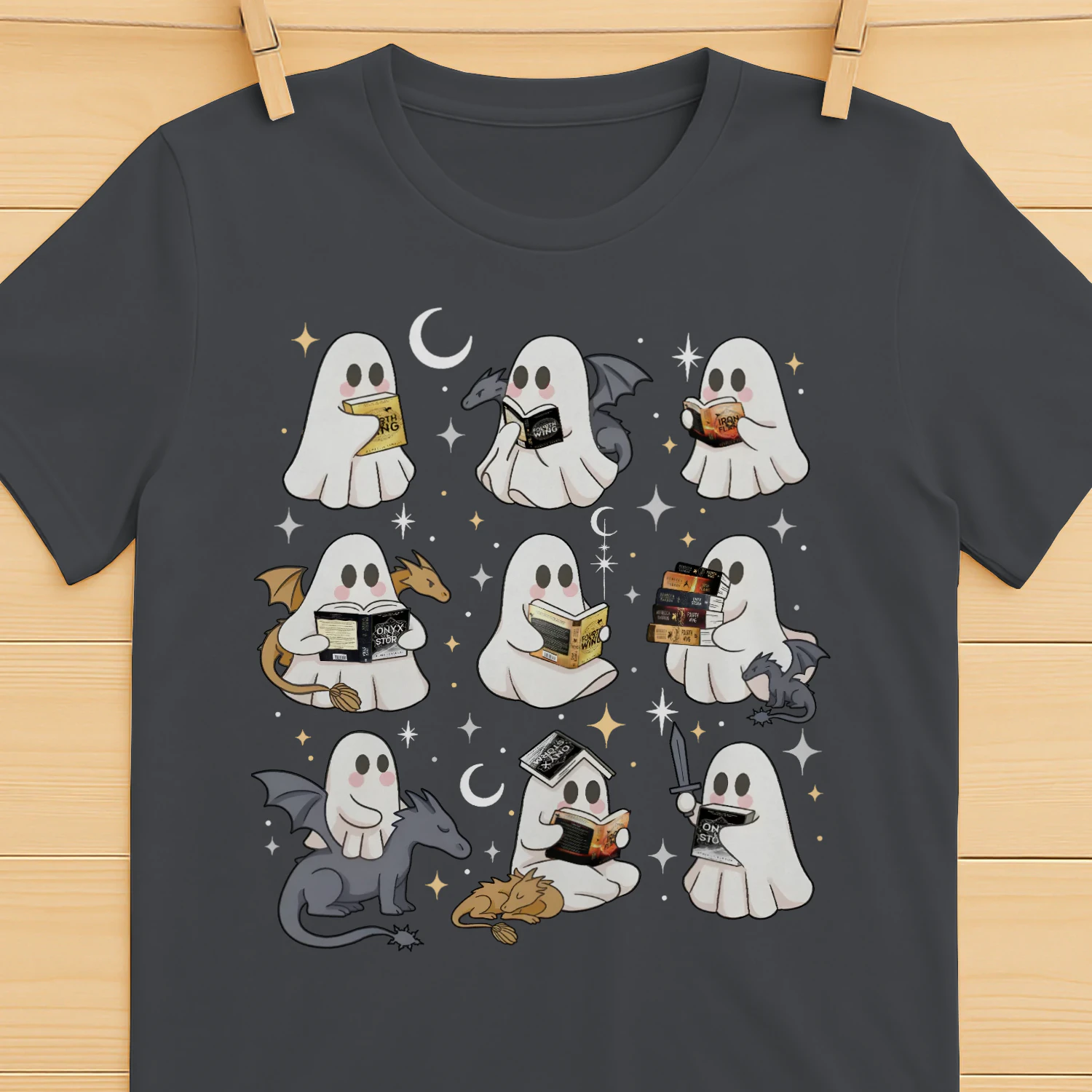 Cute Ghost Reading Heavy Cotton Dark Colors T-shirt 1 Side, Fourth Wing Series Gildan Tee, Romantasy Shirt, Book Lover Gifts