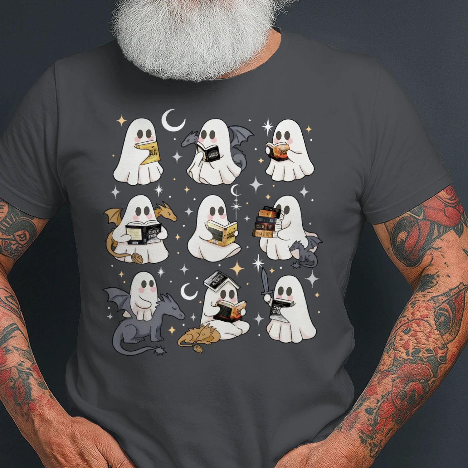 Cute Ghost Reading Heavy Cotton Dark Colors T-shirt 1 Side, Fourth Wing Series Gildan Tee, Romantasy Shirt, Book Lover Gifts