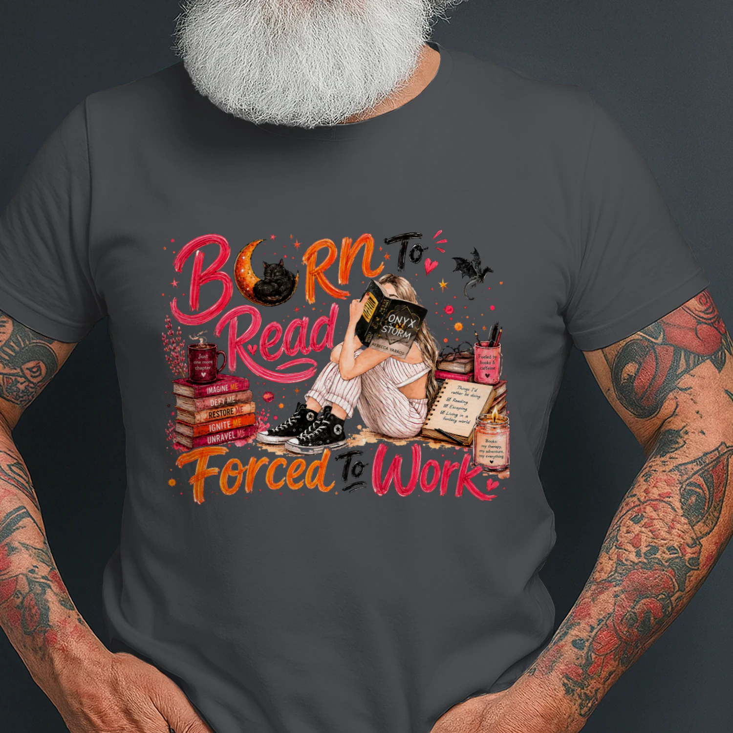 Born To Read Forced To Work Heavy Cotton Dark Colors T-shirt 1 Side, Onyx Storm Gildan Tee, Romantasy Shirt, Book Lover Gifts