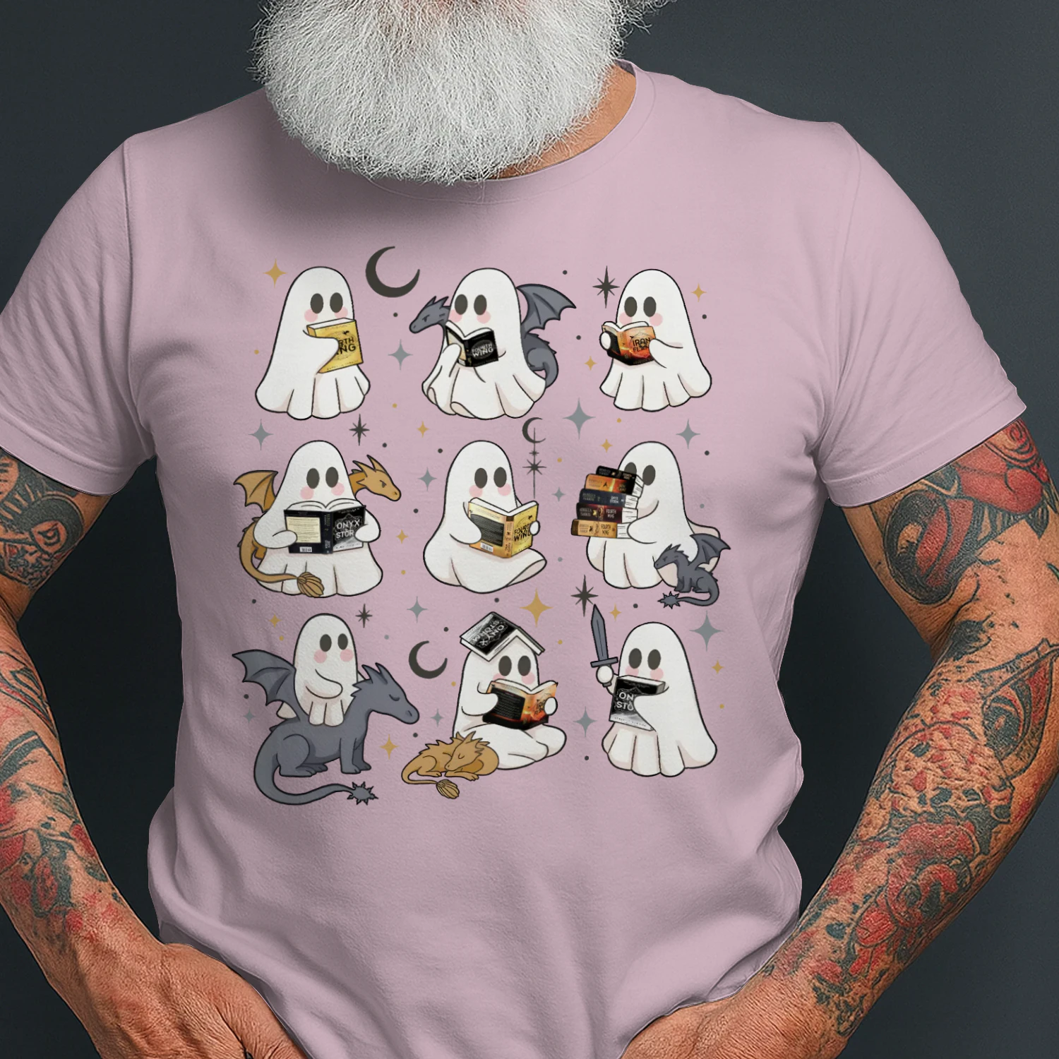 Cute Ghost Reading Heavy Cotton Light Colors T-shirt 1 Side, Fourth Wing Series Gildan Tee, Romantasy Shirt, Book Lover Gifts