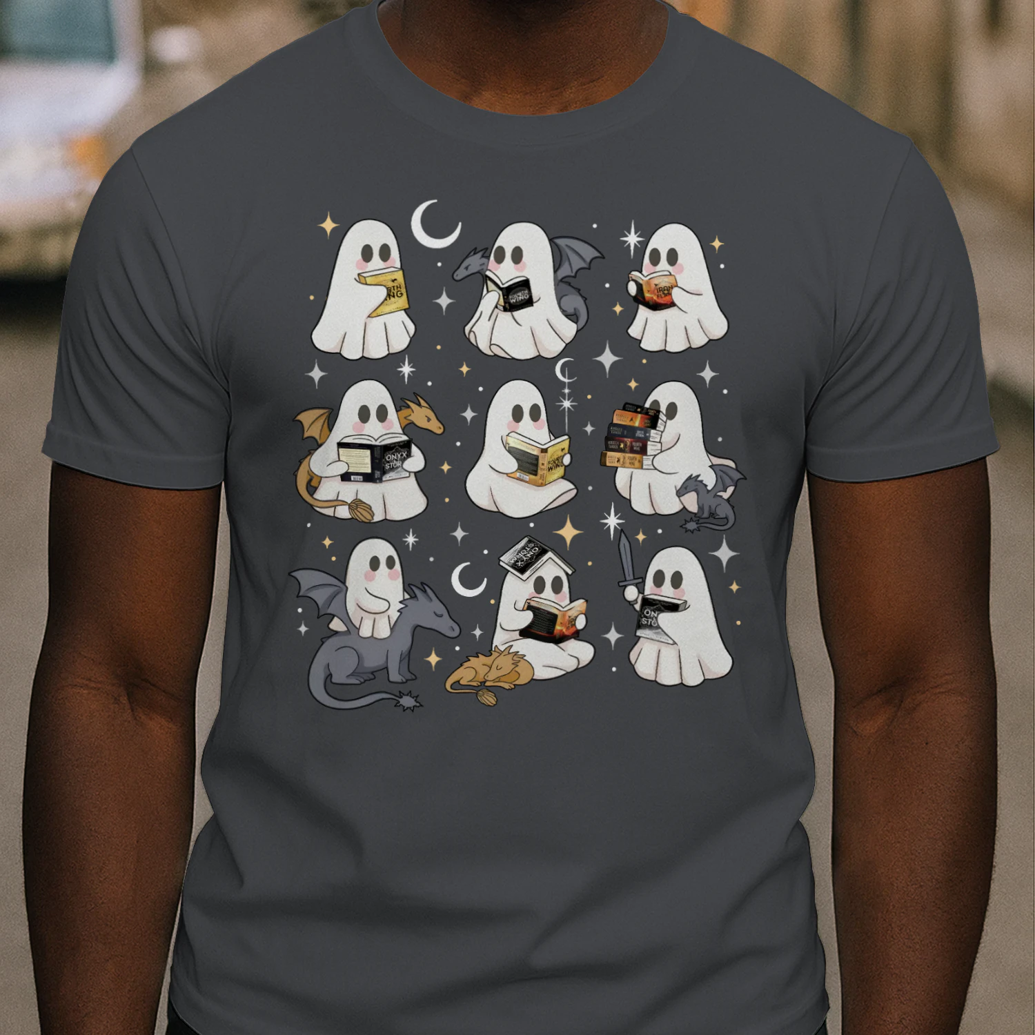 Cute Ghost Reading Heavy Cotton Dark Colors T-shirt 1 Side, Fourth Wing Series Gildan Tee, Romantasy Shirt, Book Lover Gifts