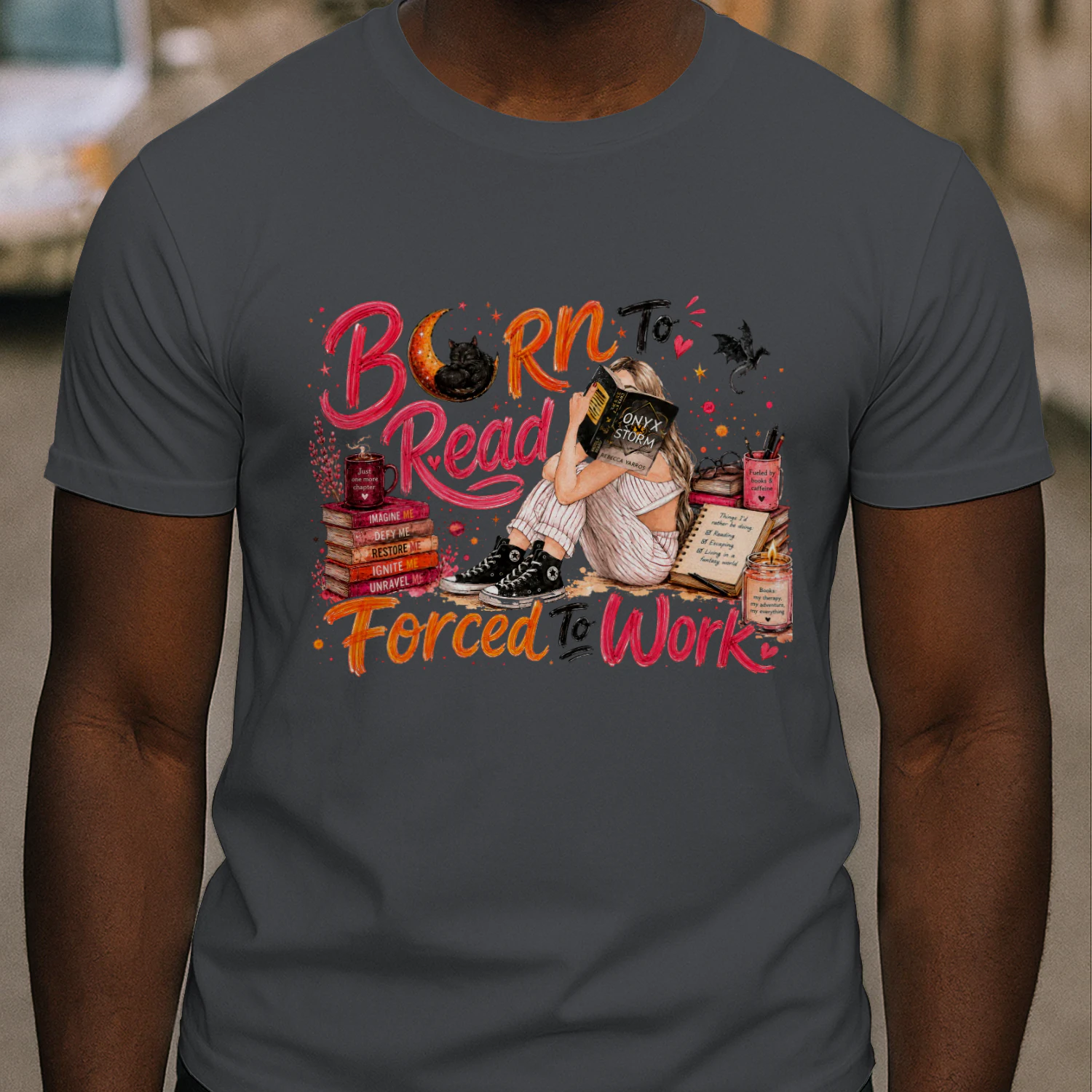 Born To Read Forced To Work Heavy Cotton Dark Colors T-shirt 1 Side, Onyx Storm Gildan Tee, Romantasy Shirt, Book Lover Gifts