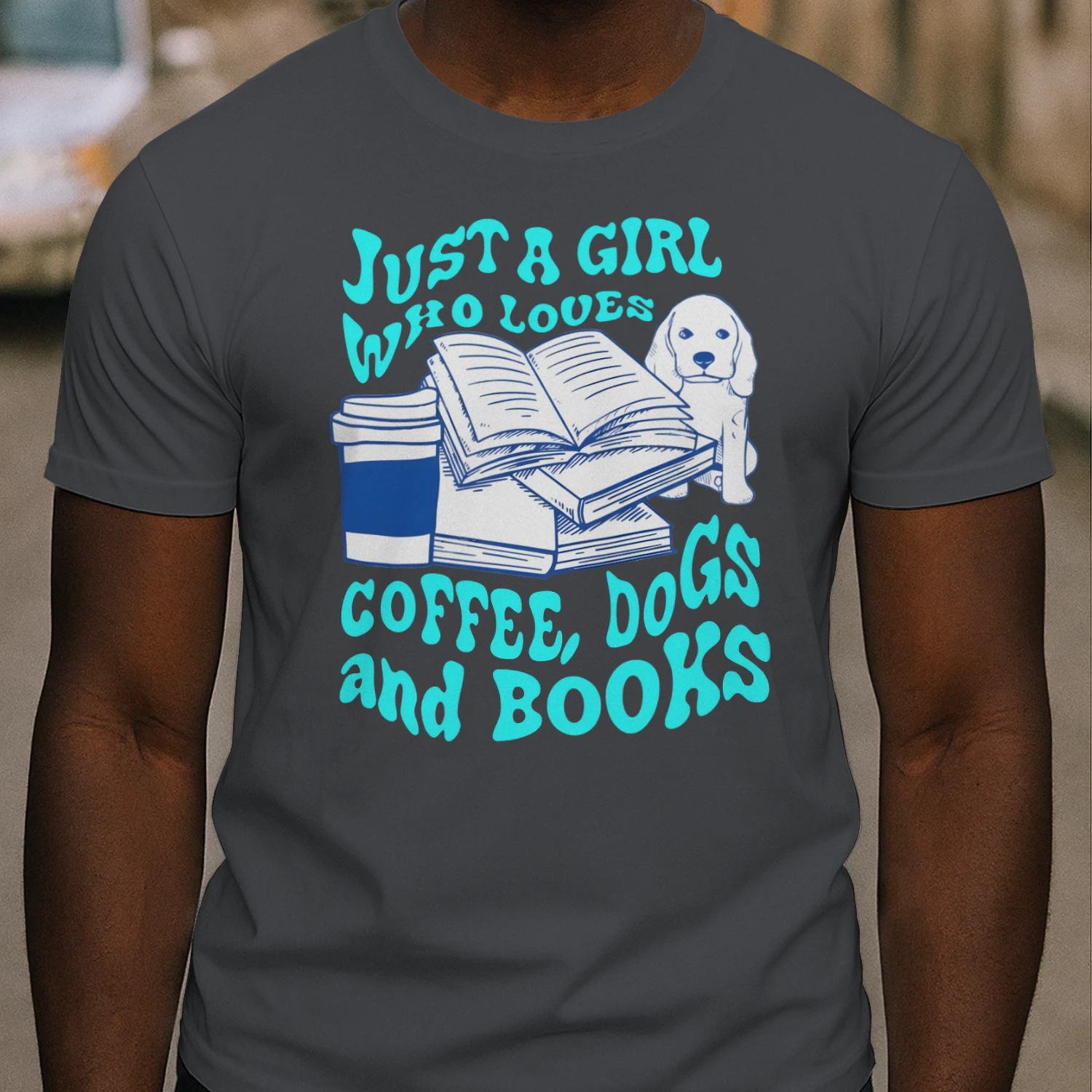 Just A Girl Who Loves Coffee, Dogs And Books Heavy Cotton Dark Colors T-shirt 1 Side, Book Club Gildan Tee, Readers Club Shirt, Book Lover Gifts