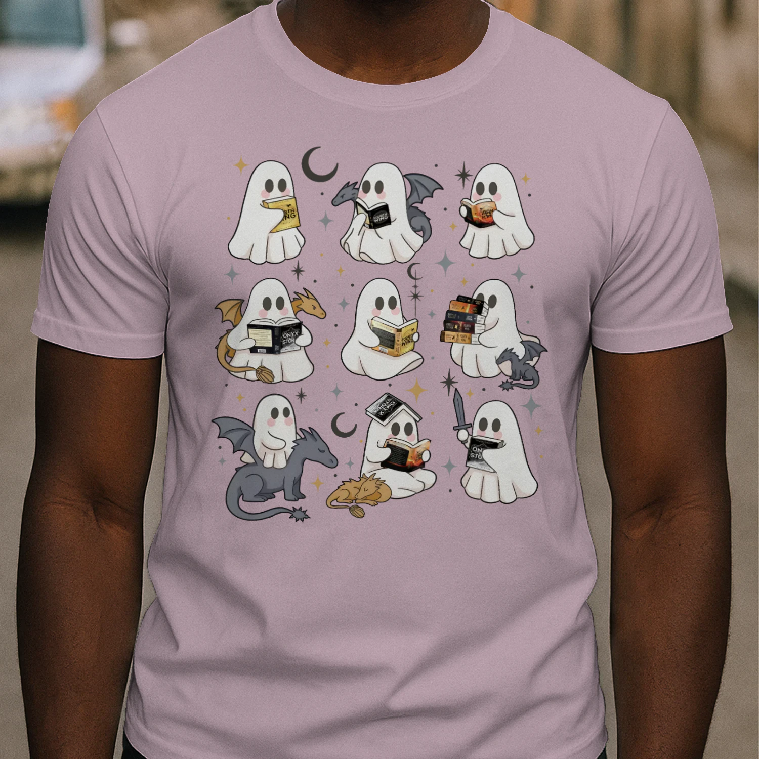 Cute Ghost Reading Heavy Cotton Light Colors T-shirt 1 Side, Fourth Wing Series Gildan Tee, Romantasy Shirt, Book Lover Gifts