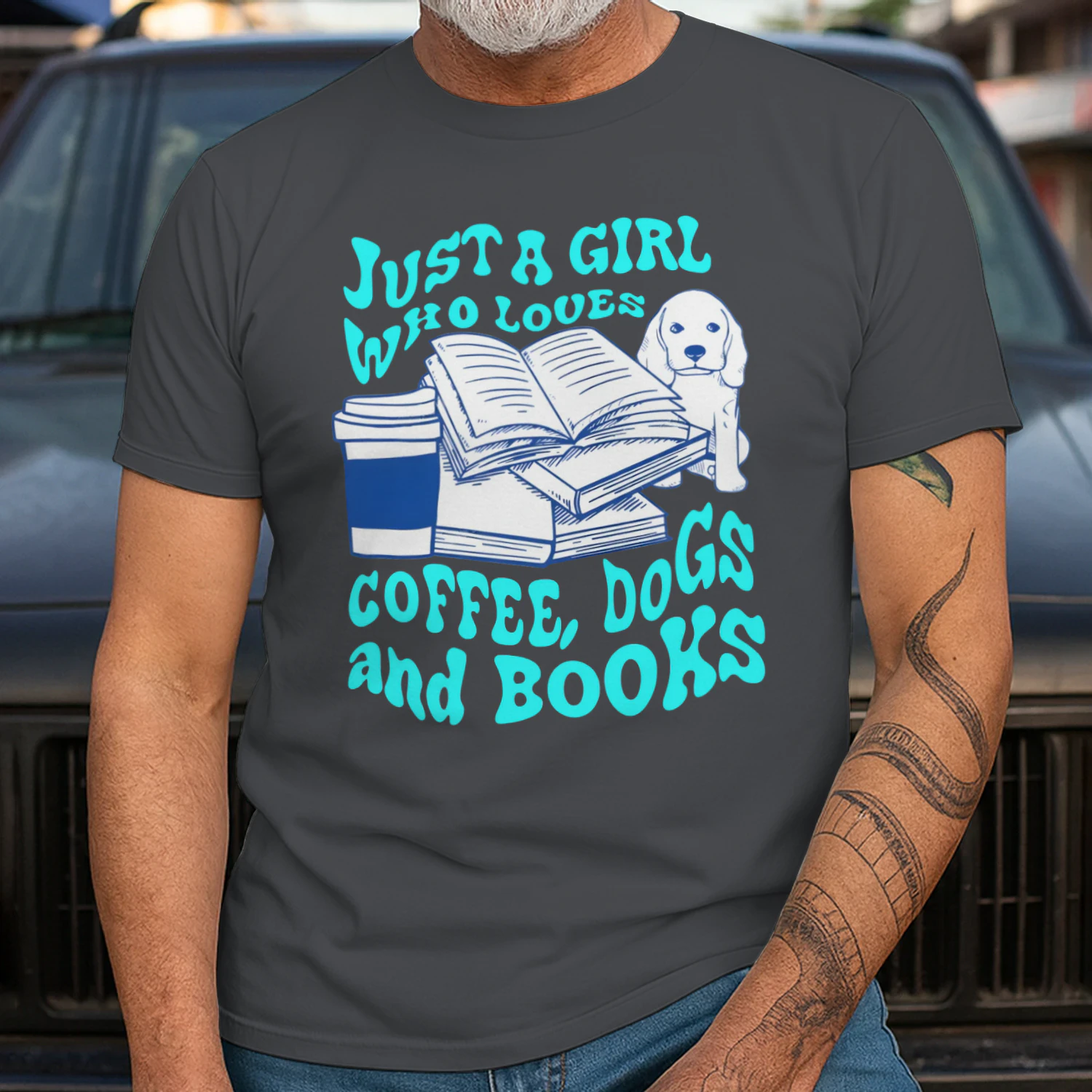 Just A Girl Who Loves Coffee, Dogs And Books Heavy Cotton Dark Colors T-shirt 1 Side, Book Club Gildan Tee, Readers Club Shirt, Book Lover Gifts