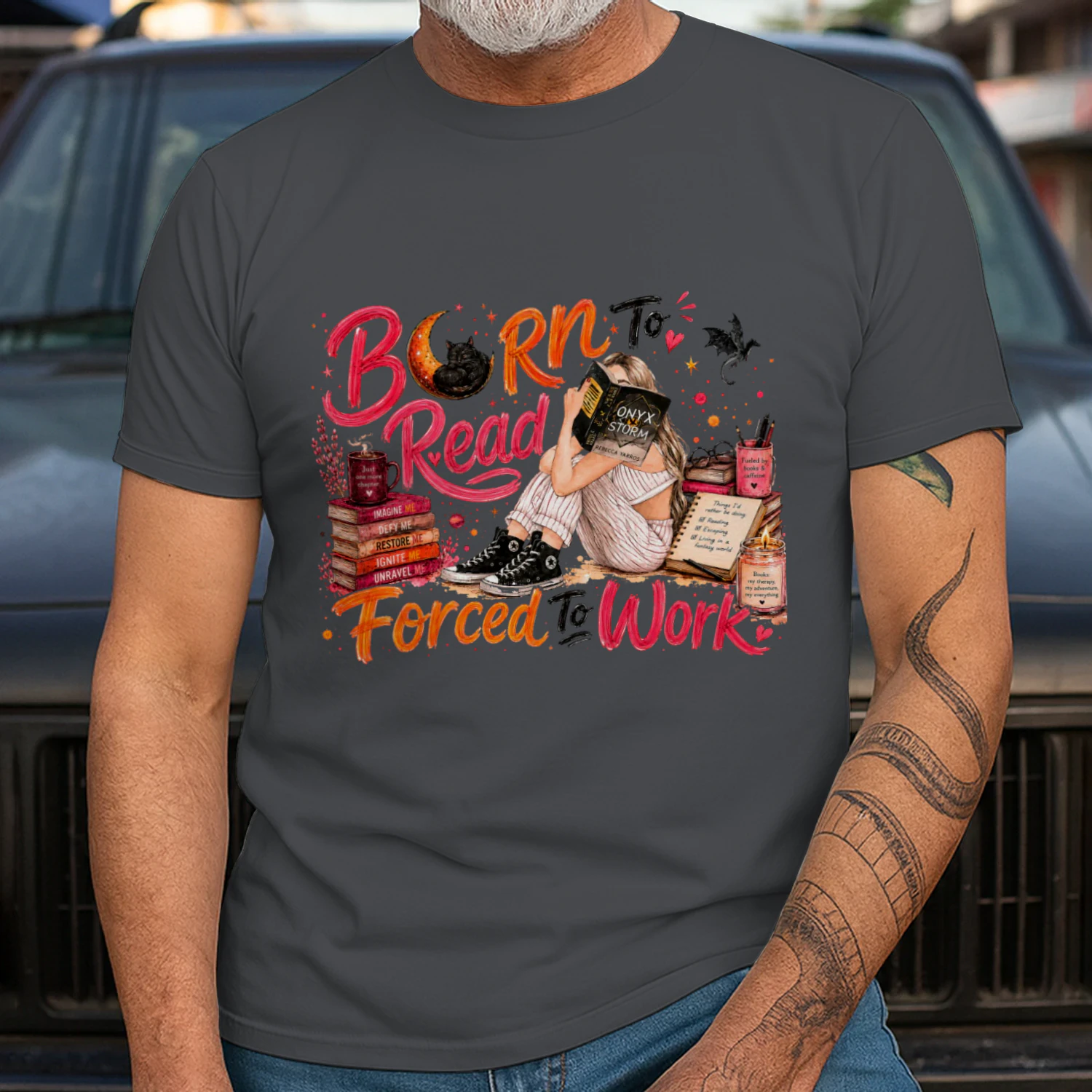 Born To Read Forced To Work Heavy Cotton Dark Colors T-shirt 1 Side, Onyx Storm Gildan Tee, Romantasy Shirt, Book Lover Gifts