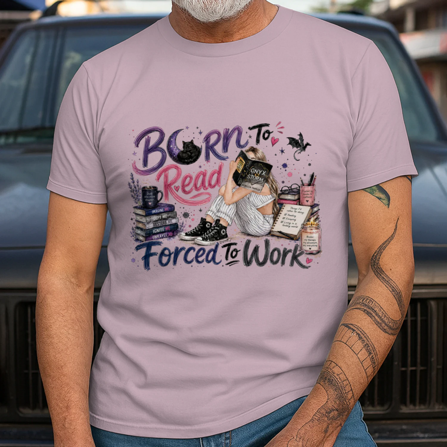 Born To Read Forced To Work Heavy Cotton Light Colors T-shirt 1 Side, Onyx Storm Gildan Tee, Romantasy Shirt, Book Lover Gifts
