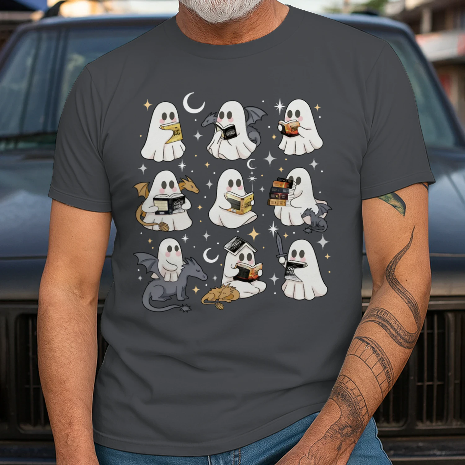 Cute Ghost Reading Heavy Cotton Dark Colors T-shirt 1 Side, Fourth Wing Series Gildan Tee, Romantasy Shirt, Book Lover Gifts