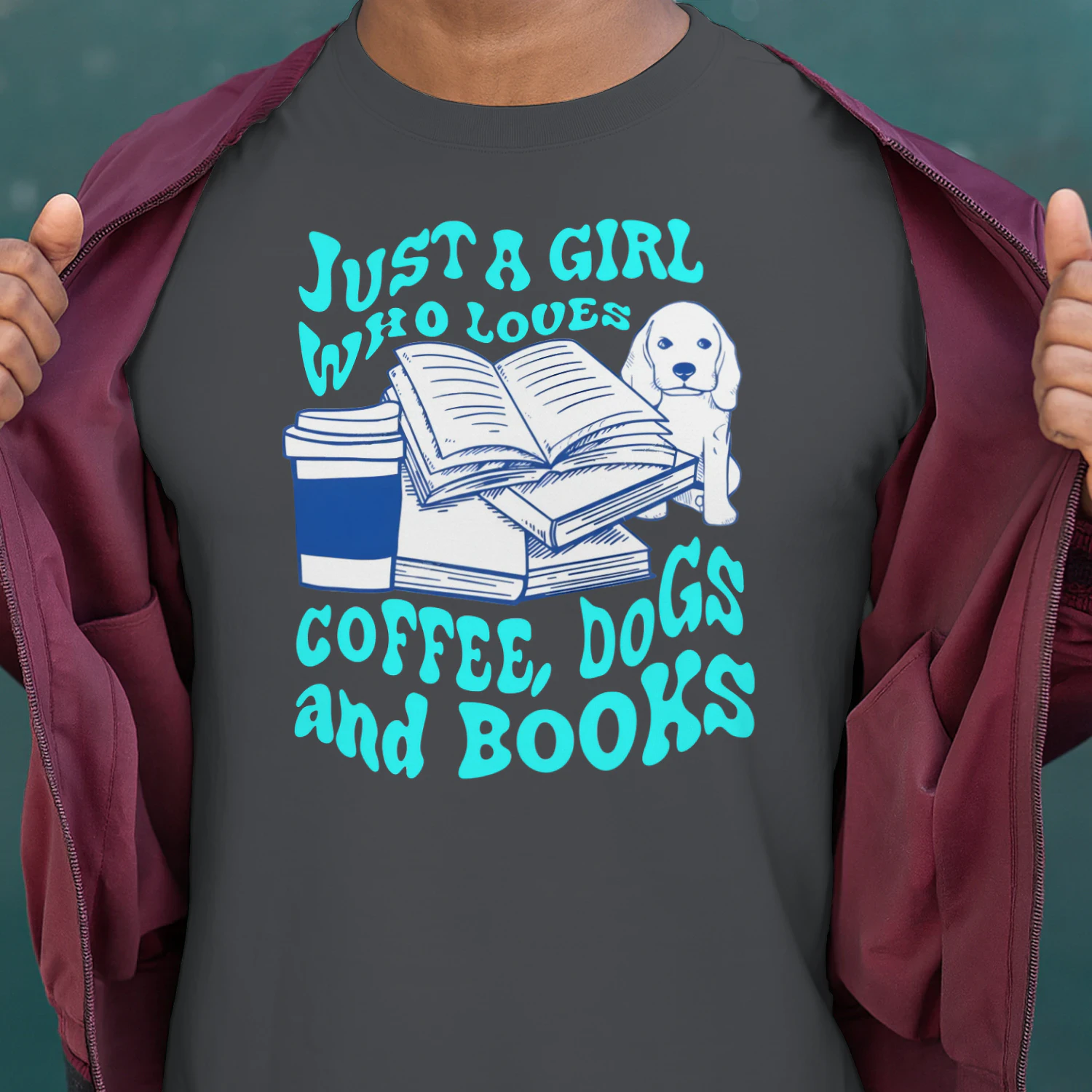 Just A Girl Who Loves Coffee, Dogs And Books Heavy Cotton Dark Colors T-shirt 1 Side, Book Club Gildan Tee, Readers Club Shirt, Book Lover Gifts