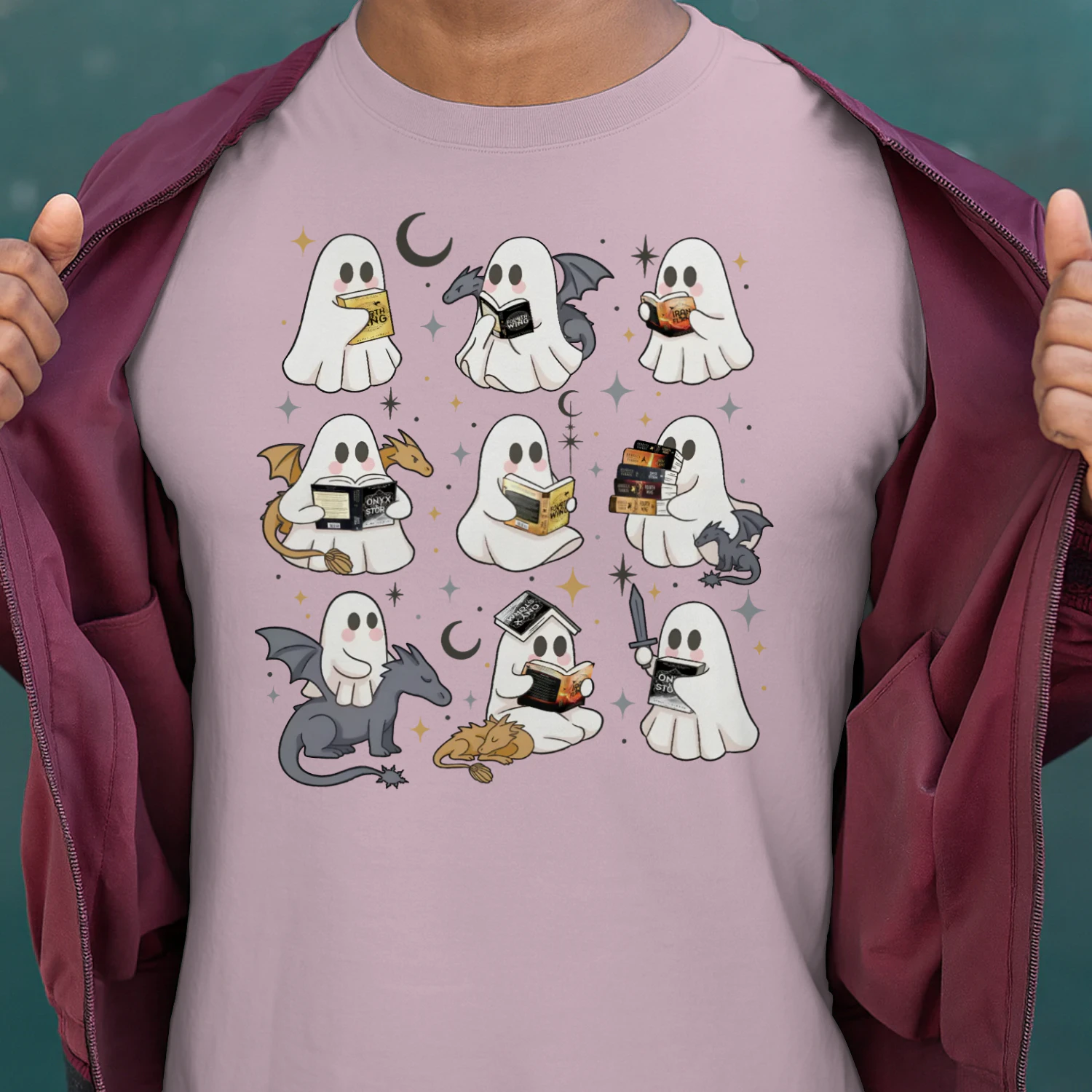 Cute Ghost Reading Heavy Cotton Light Colors T-shirt 1 Side, Fourth Wing Series Gildan Tee, Romantasy Shirt, Book Lover Gifts