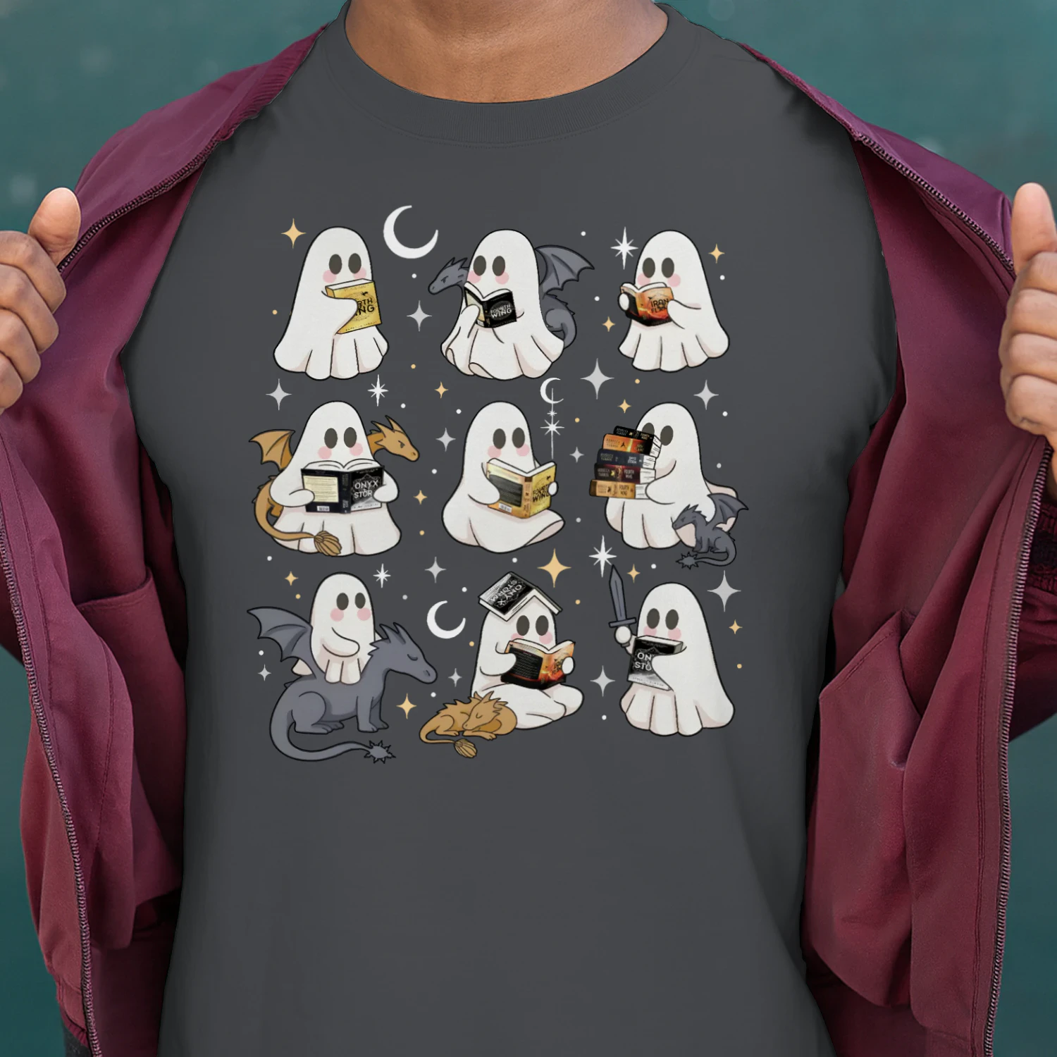 Cute Ghost Reading Heavy Cotton Dark Colors T-shirt 1 Side, Fourth Wing Series Gildan Tee, Romantasy Shirt, Book Lover Gifts