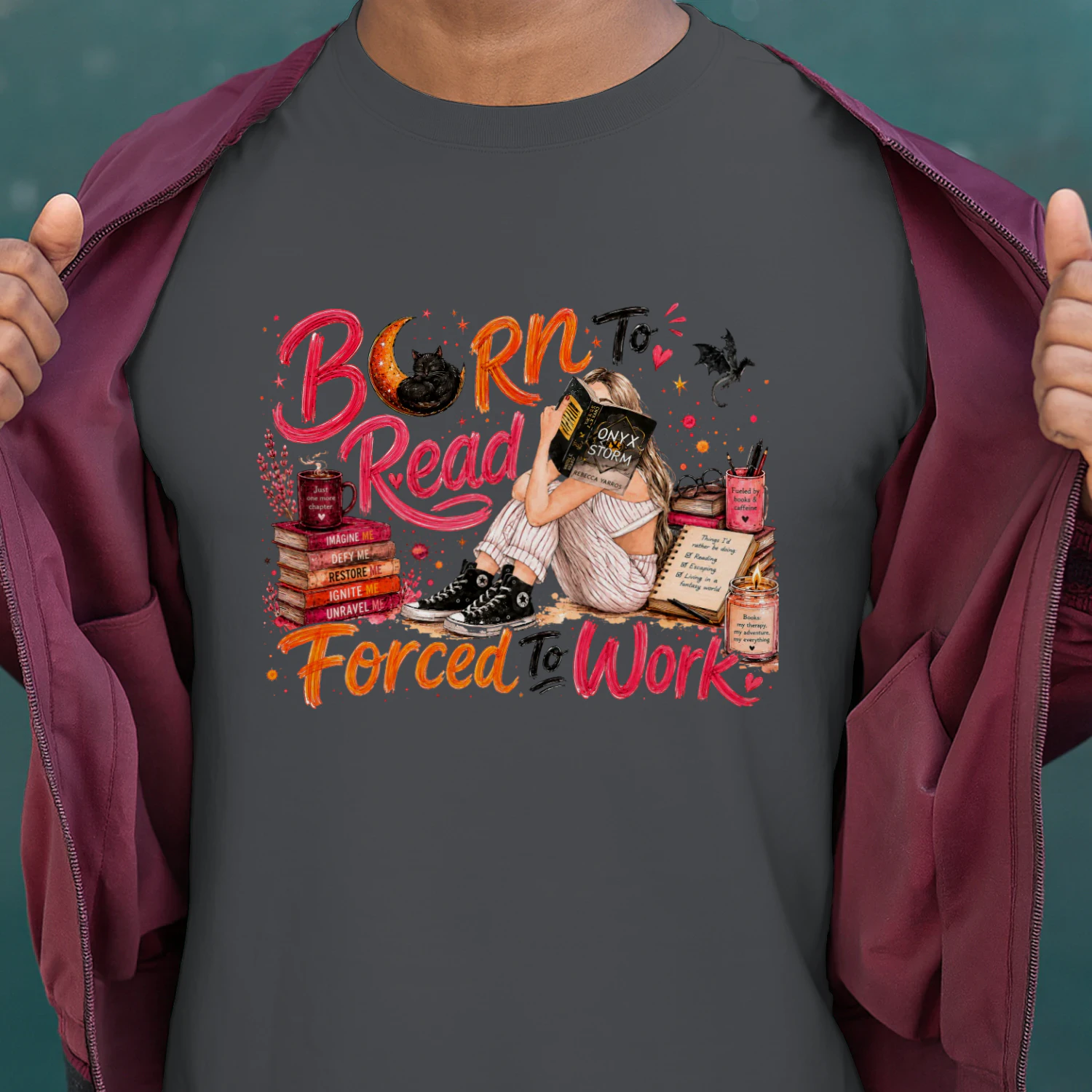 Born To Read Forced To Work Heavy Cotton Dark Colors T-shirt 1 Side, Onyx Storm Gildan Tee, Romantasy Shirt, Book Lover Gifts