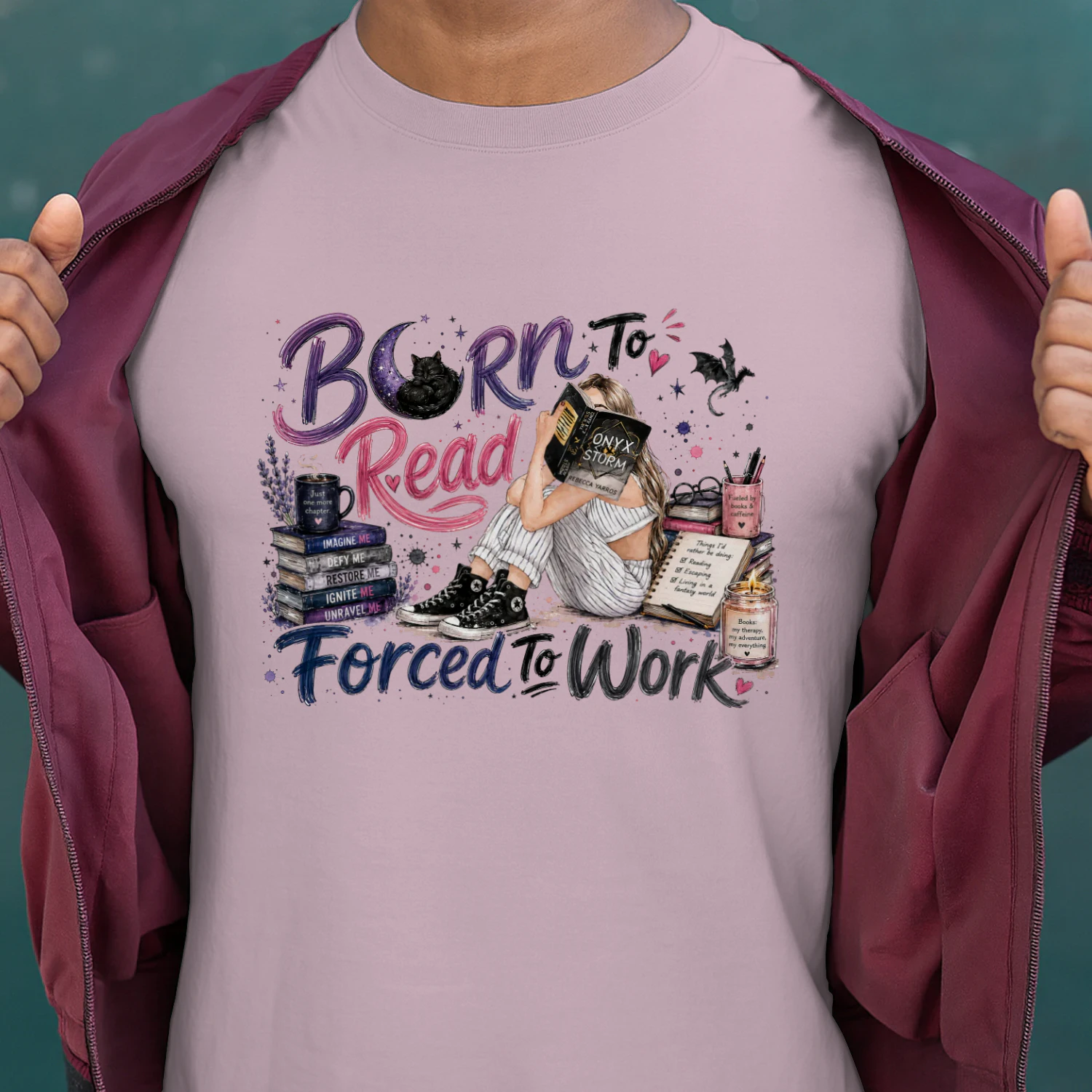Born To Read Forced To Work Heavy Cotton Light Colors T-shirt 1 Side, Onyx Storm Gildan Tee, Romantasy Shirt, Book Lover Gifts