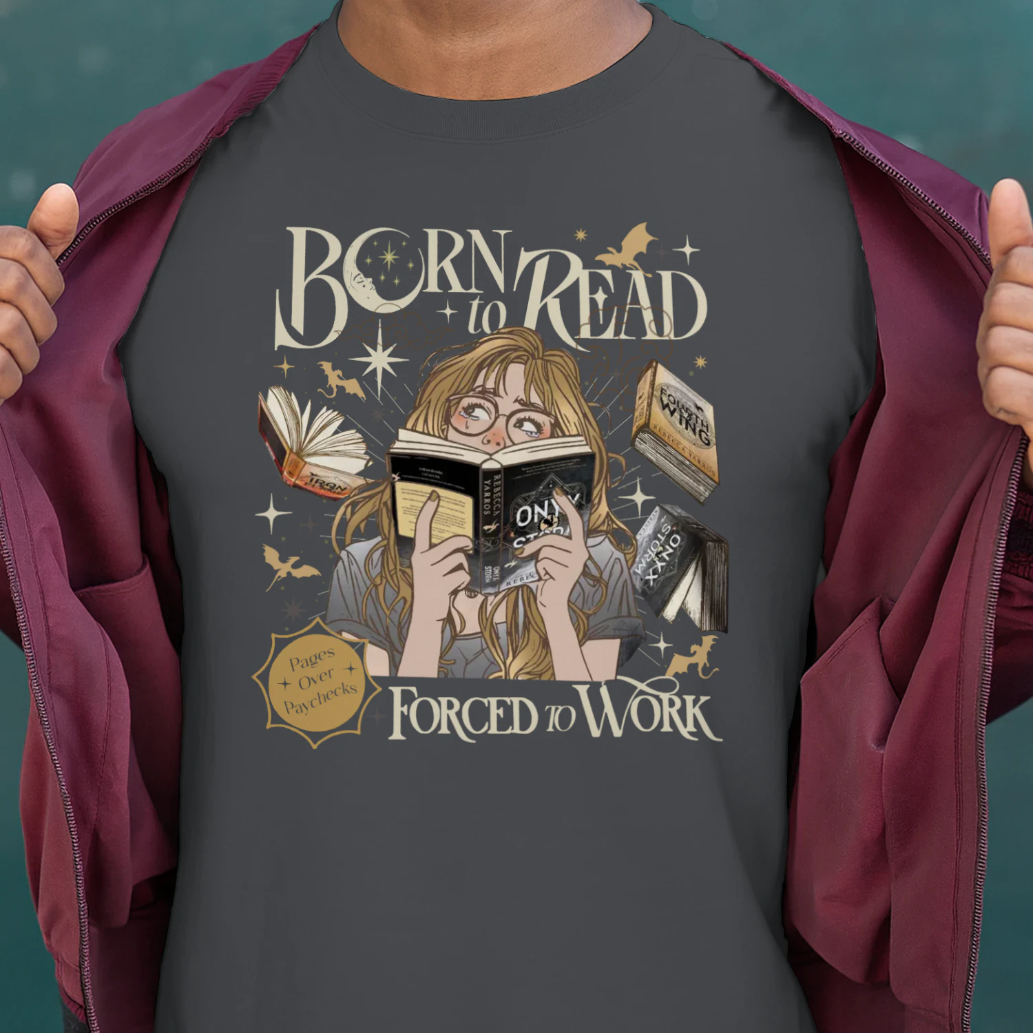 Born To Read For To Work Heavy Cotton T-shirt 1 Side, Fourth Wing Tee, Romantasy Book Shirt, Book Lover Gifts