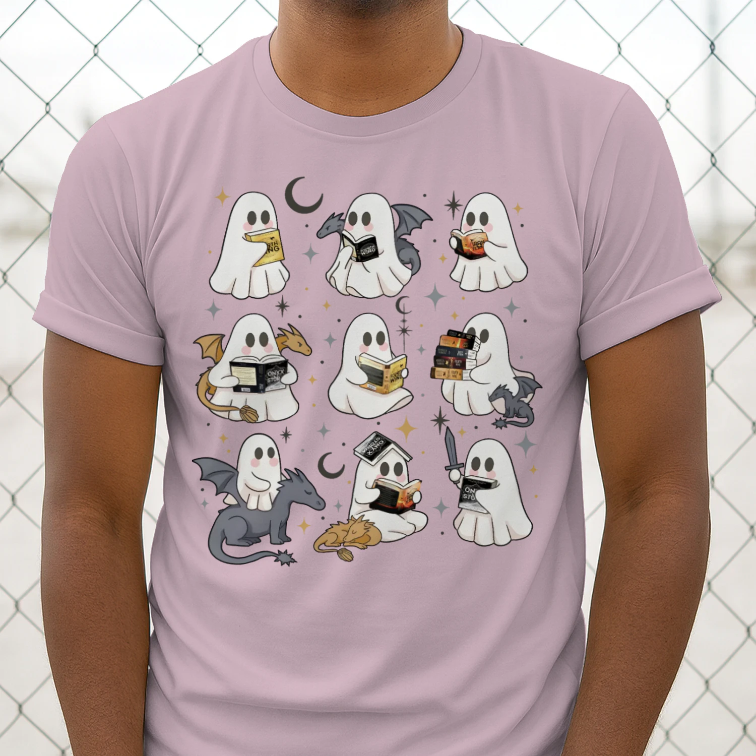 Cute Ghost Reading Heavy Cotton Light Colors T-shirt 1 Side, Fourth Wing Series Gildan Tee, Romantasy Shirt, Book Lover Gifts