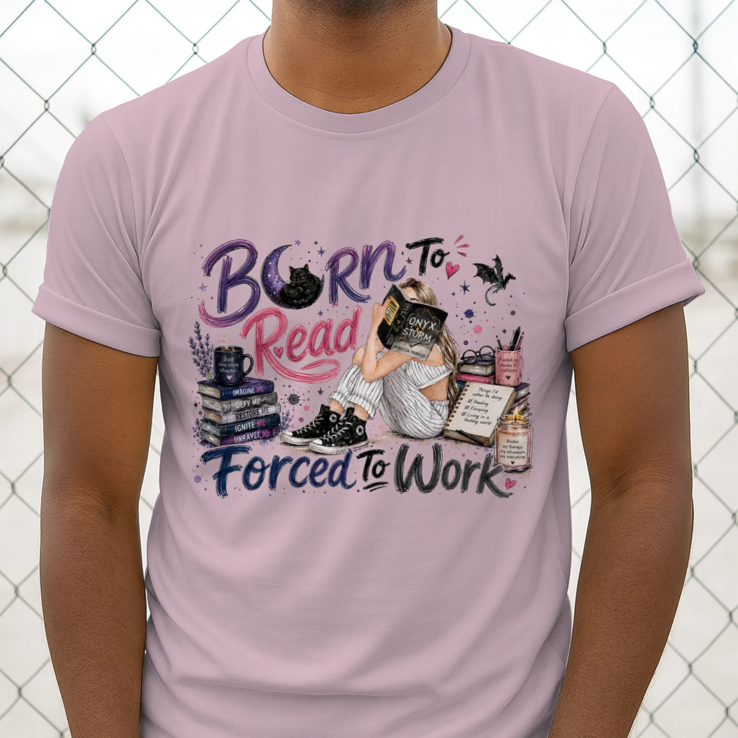 Born To Read Forced To Work Heavy Cotton Light Colors T-shirt 1 Side, Onyx Storm Gildan Tee, Romantasy Shirt, Book Lover Gifts