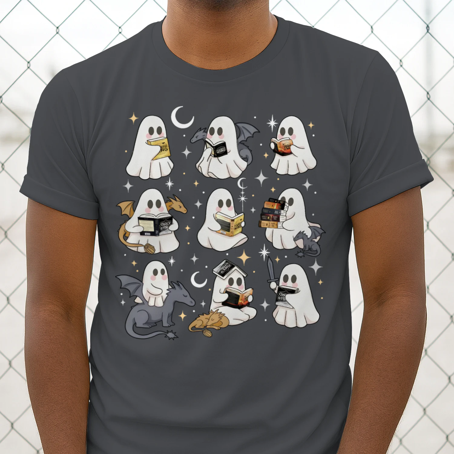 Cute Ghost Reading Heavy Cotton Dark Colors T-shirt 1 Side, Fourth Wing Series Gildan Tee, Romantasy Shirt, Book Lover Gifts