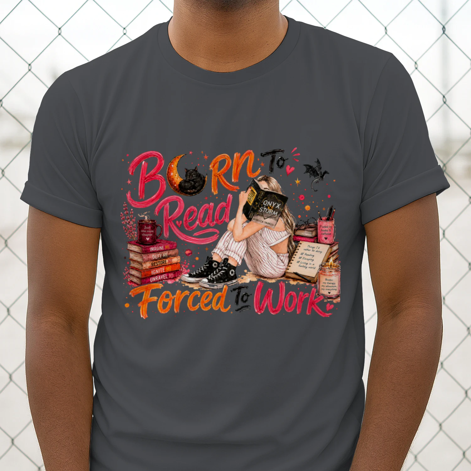 Born To Read Forced To Work Heavy Cotton Dark Colors T-shirt 1 Side, Onyx Storm Gildan Tee, Romantasy Shirt, Book Lover Gifts
