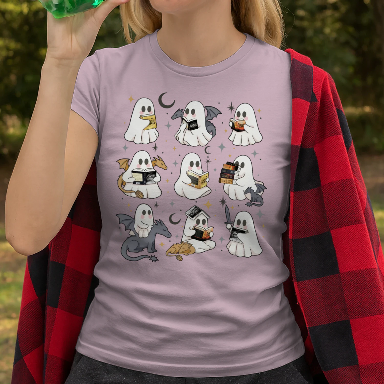 Cute Ghost Reading Heavy Cotton Light Colors T-shirt 1 Side, Fourth Wing Series Gildan Tee, Romantasy Shirt, Book Lover Gifts