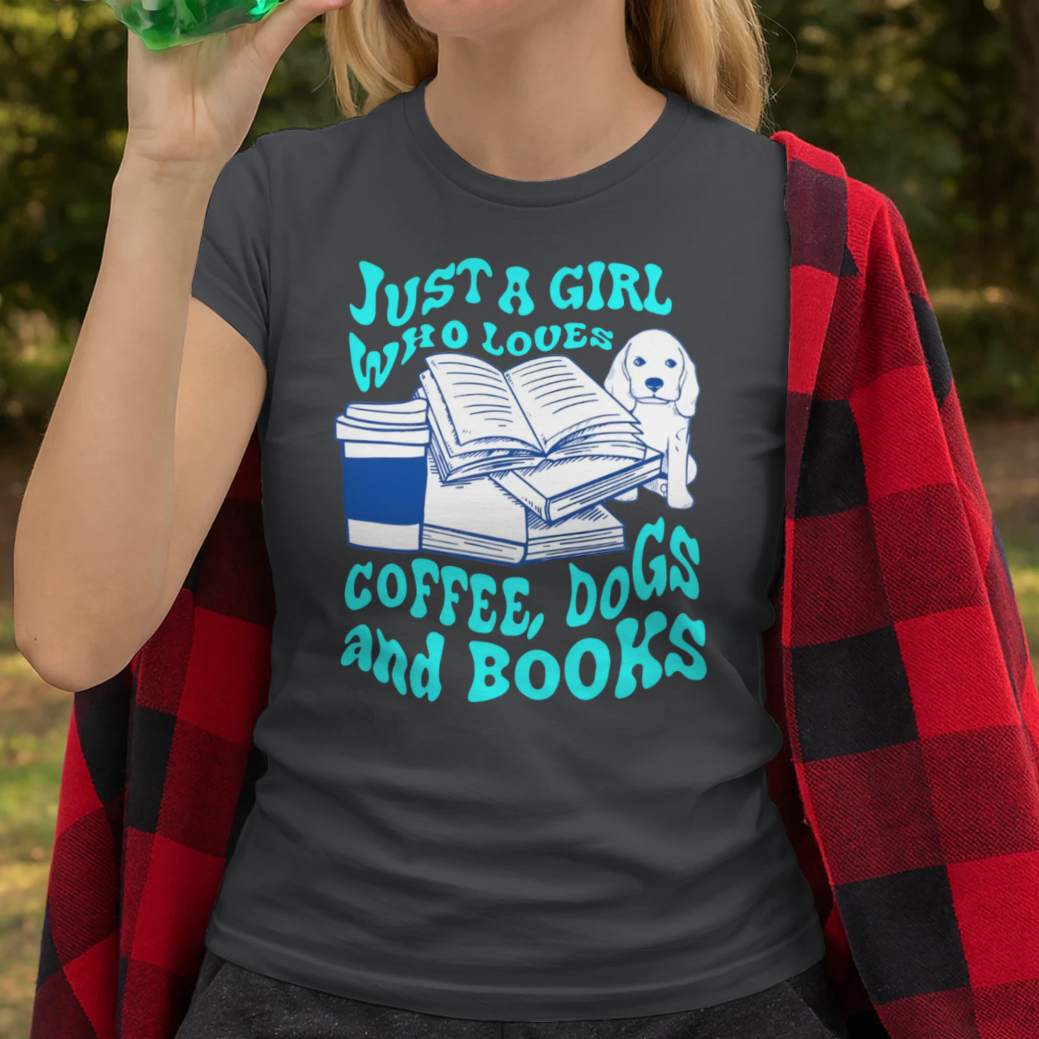 Just A Girl Who Loves Coffee, Dogs And Books Heavy Cotton Dark Colors T-shirt 1 Side, Book Club Gildan Tee, Readers Club Shirt, Book Lover Gifts