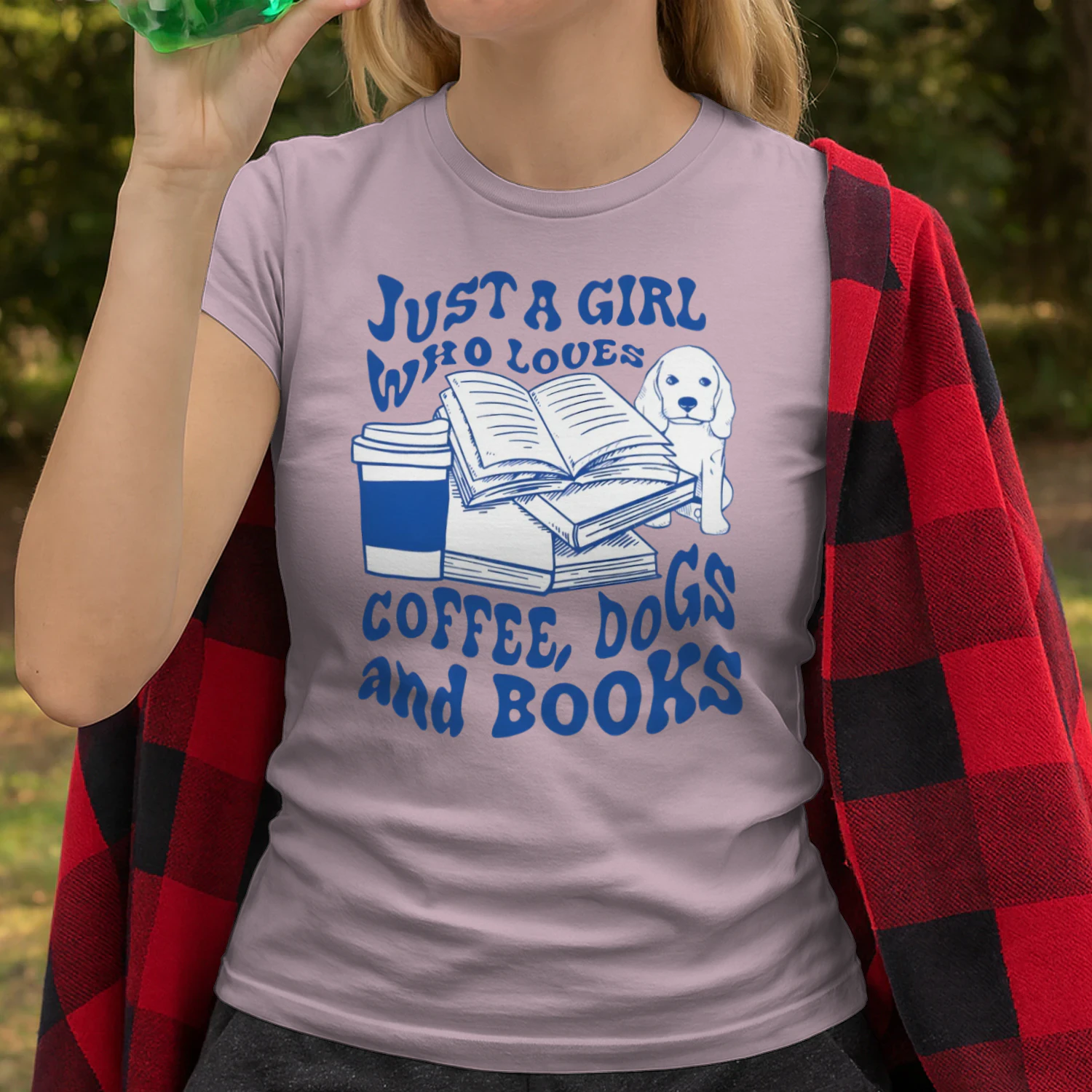 Just A Girl Who Loves Coffee, Dogs And Books Heavy Cotton Light Colors T-shirt 1 Side, Book Club Gildan Tee, Readers Club Shirt, Book Lover Gifts